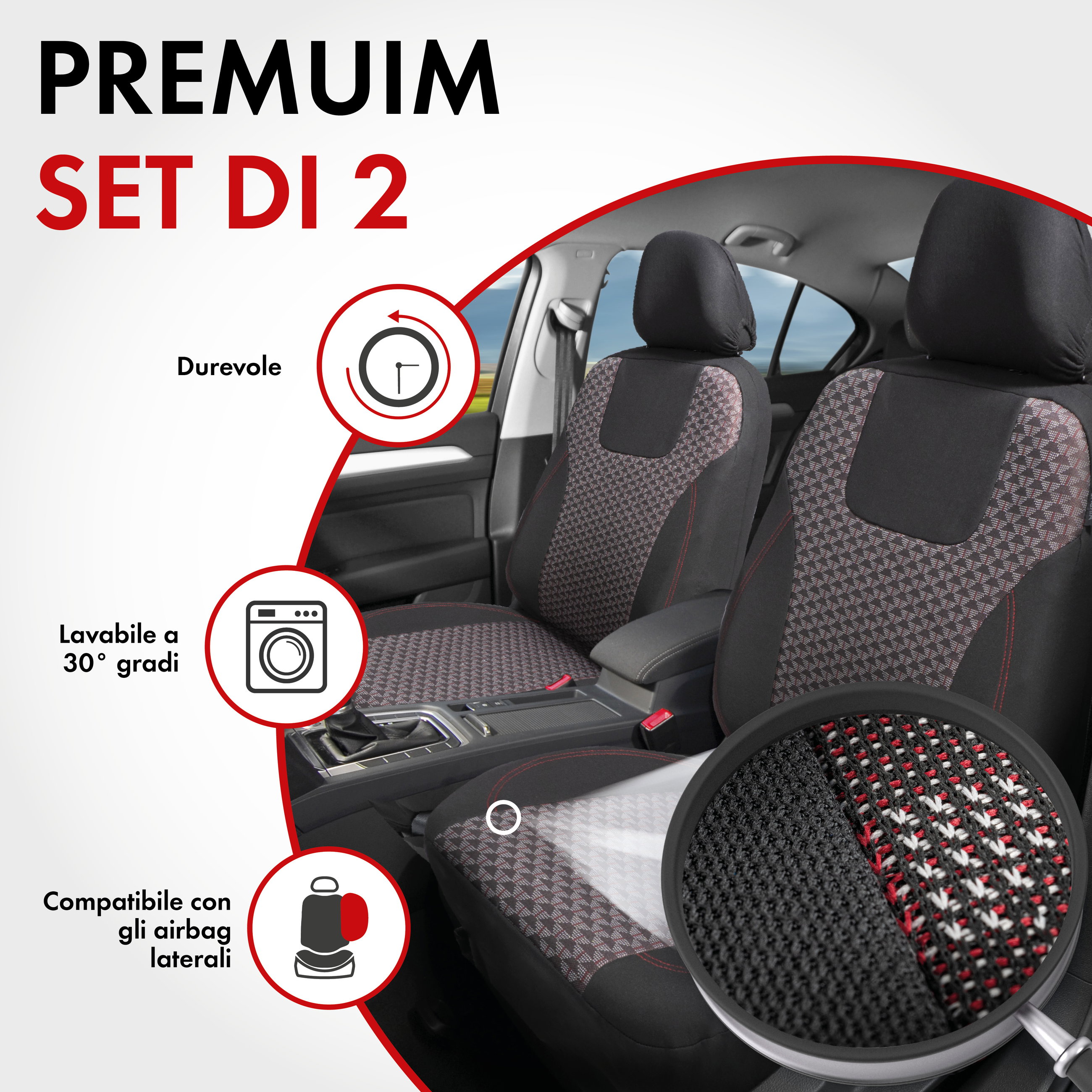 ZIPP IT Premium Coprisedili Redring per due sedili anteriori con sistema di chiusura lampo nero/rosso