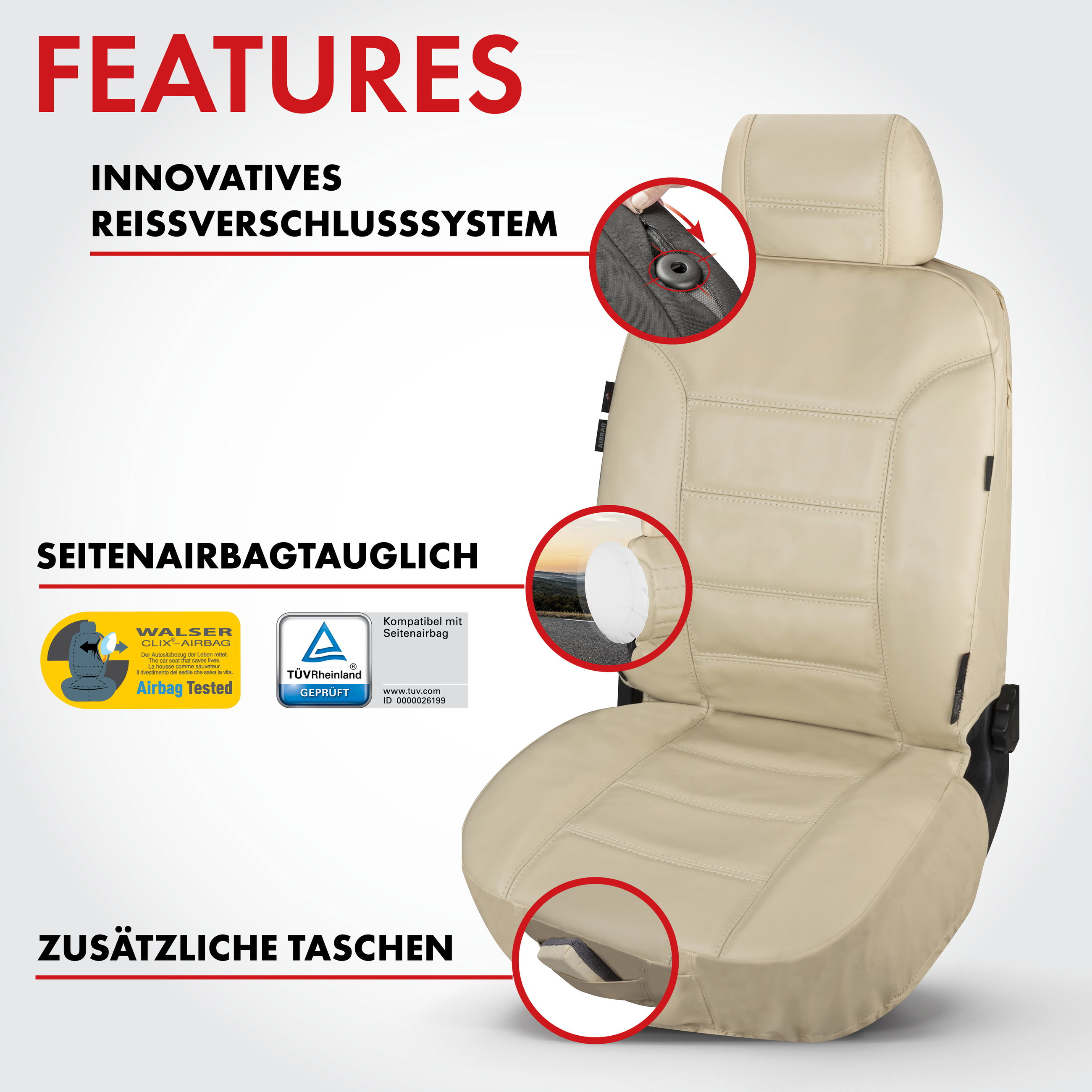 Autositzbezug Billy aus echtem Leder, PKW-Schonbezug Echtleder, Vordersitzbezug ZIPP-IT beige, 1 Stück