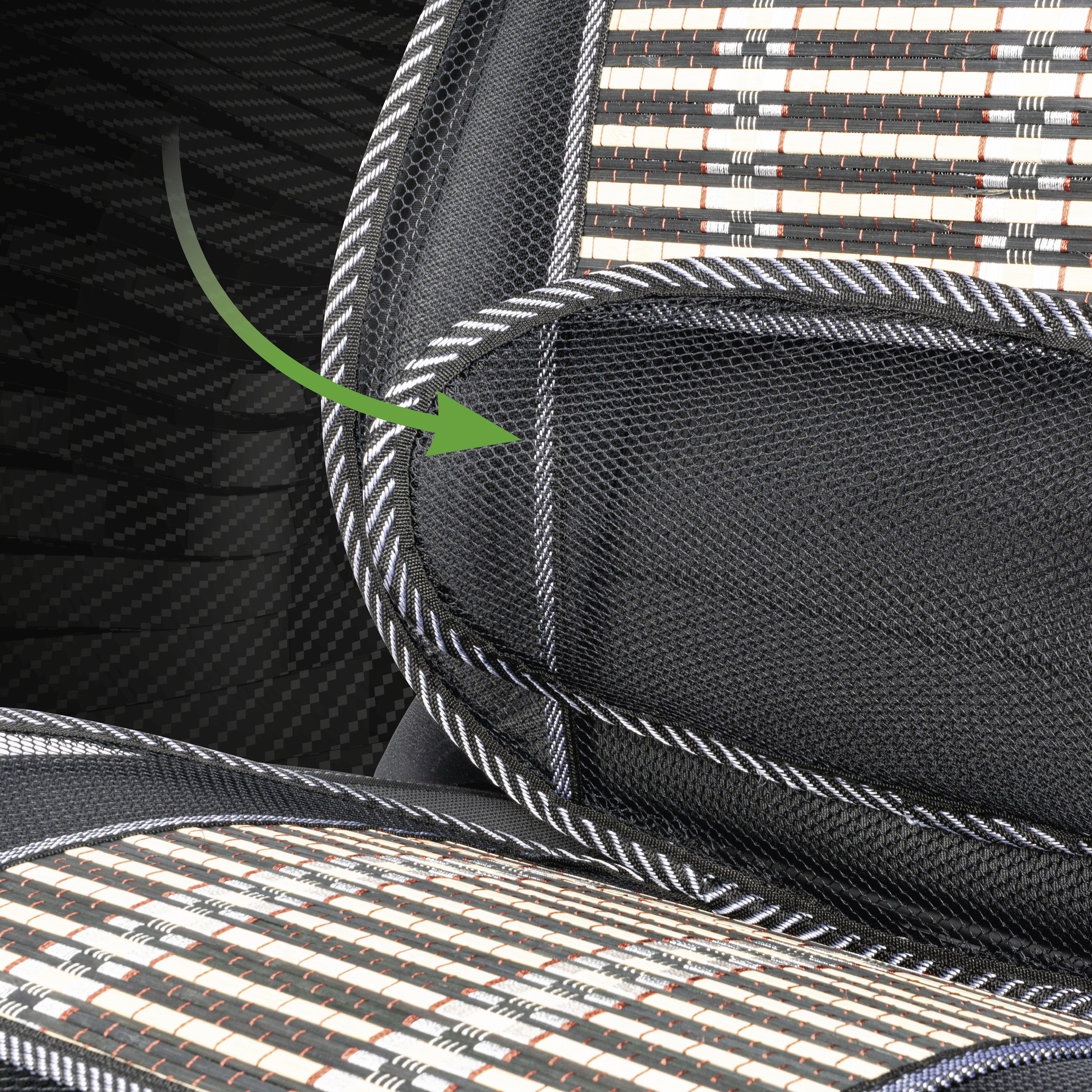 Autositz, Autositzpolster, Mesh-Gewebe, Kantengebinde, Sitzrücken