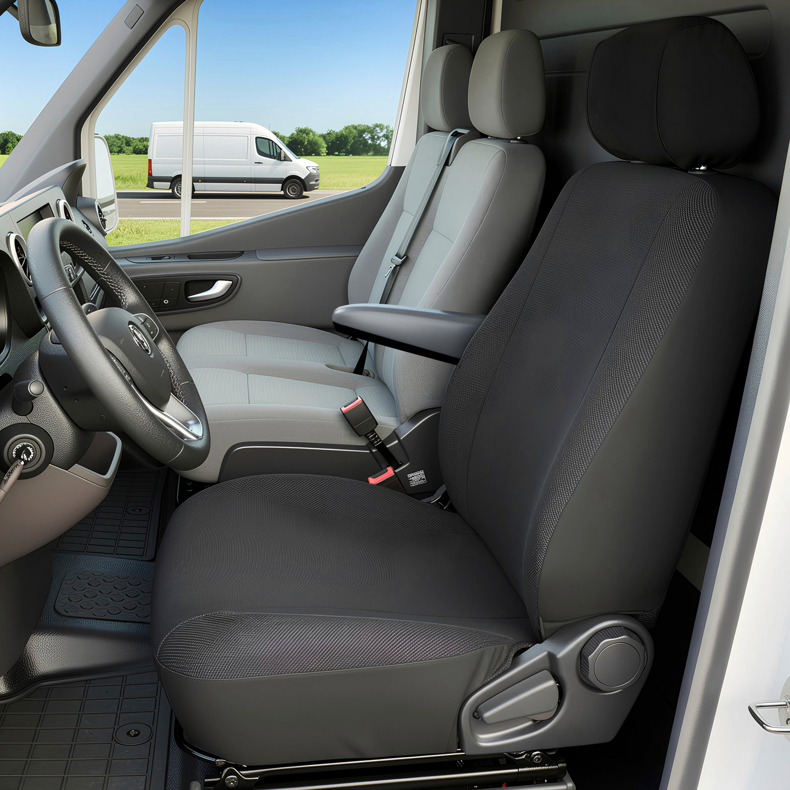 VW T6/Caravelle T6 kompatibler Sitzbezug Stoff, passgenau für Einzelsitz vorne (Ausnehmung Armlehne), robuste Sitzbezüge Transporter/Van anthrazit