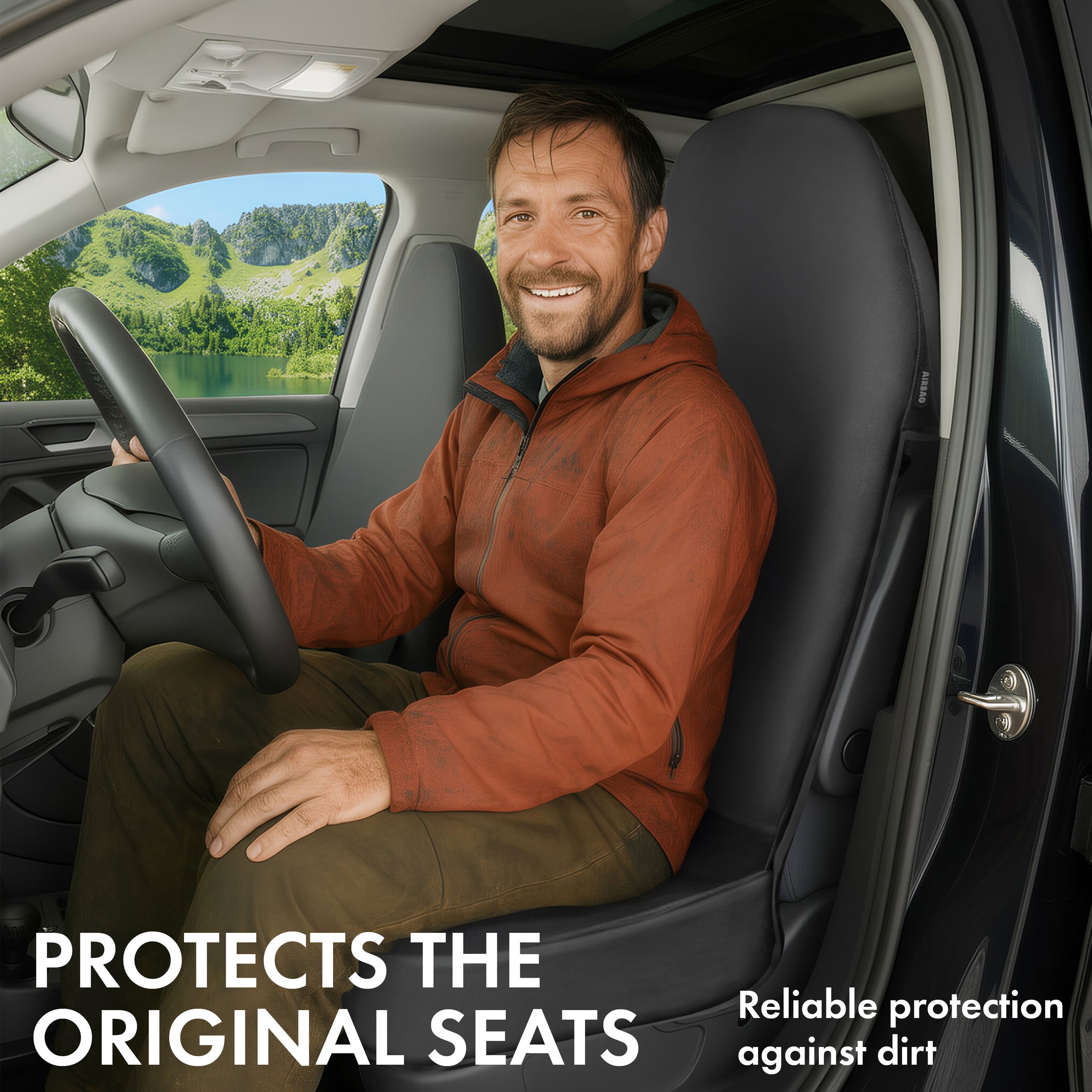 Bilstol, förarsäte, brun jacka, bilinteriör, man i bilen