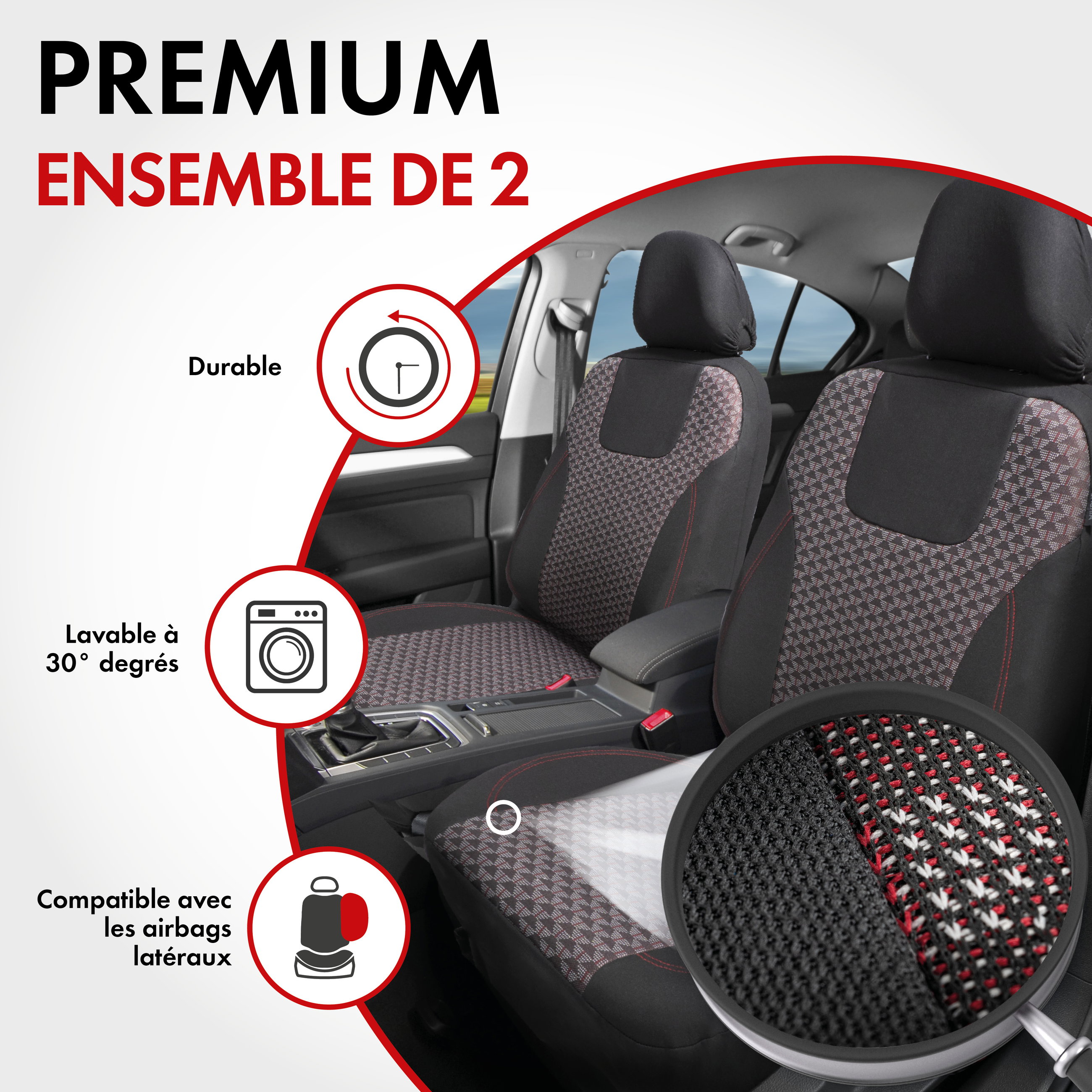 ZIPP IT Premium Housse de sièges Redring pour deux sièges avant avec système de fermeture éclair noir/rouge