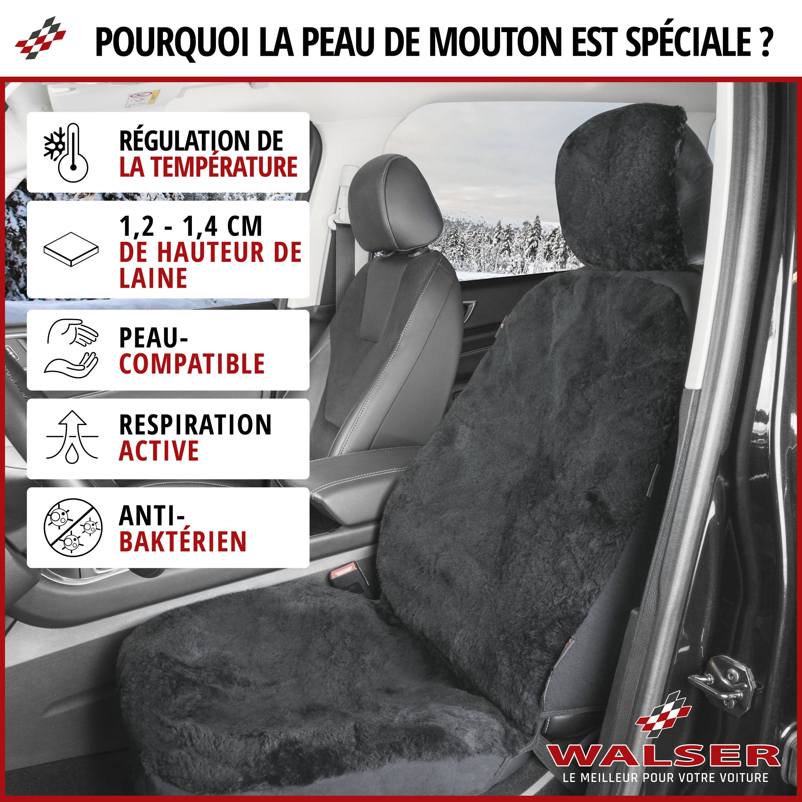 Housse de siège Iva en agneau noir avec système informatique ZIPP, 1 pièce