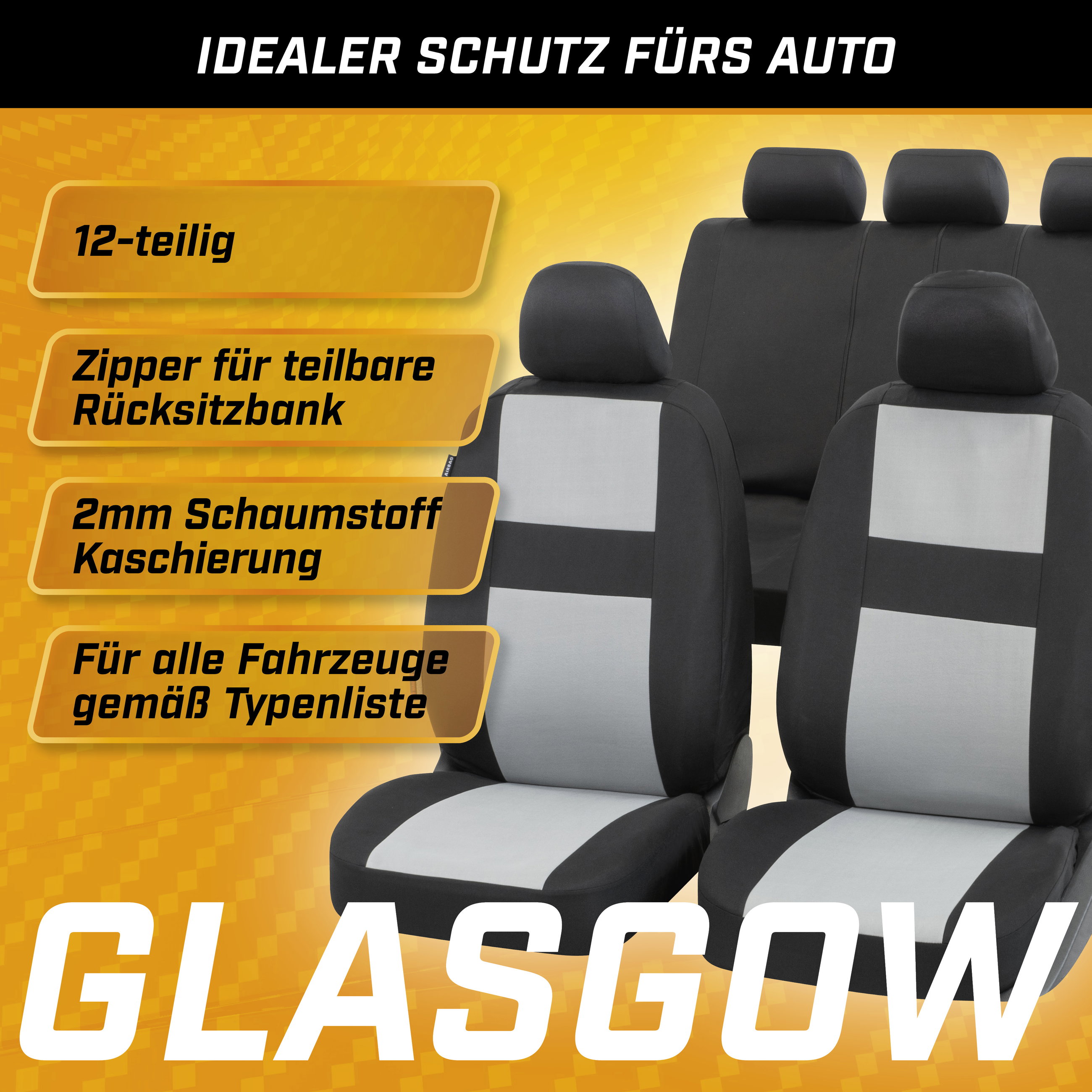 Autositzbezug Glasgow, PKW-Schonbezüge Komplettset schwarz/grau