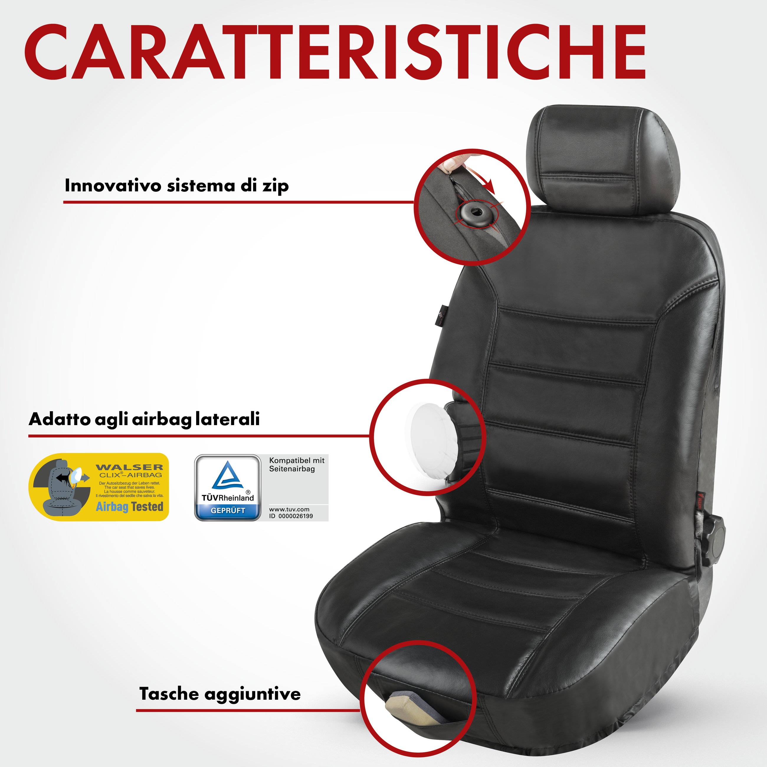 Coprisedili auto Ranger in vera pelle nera, 1 pezzo