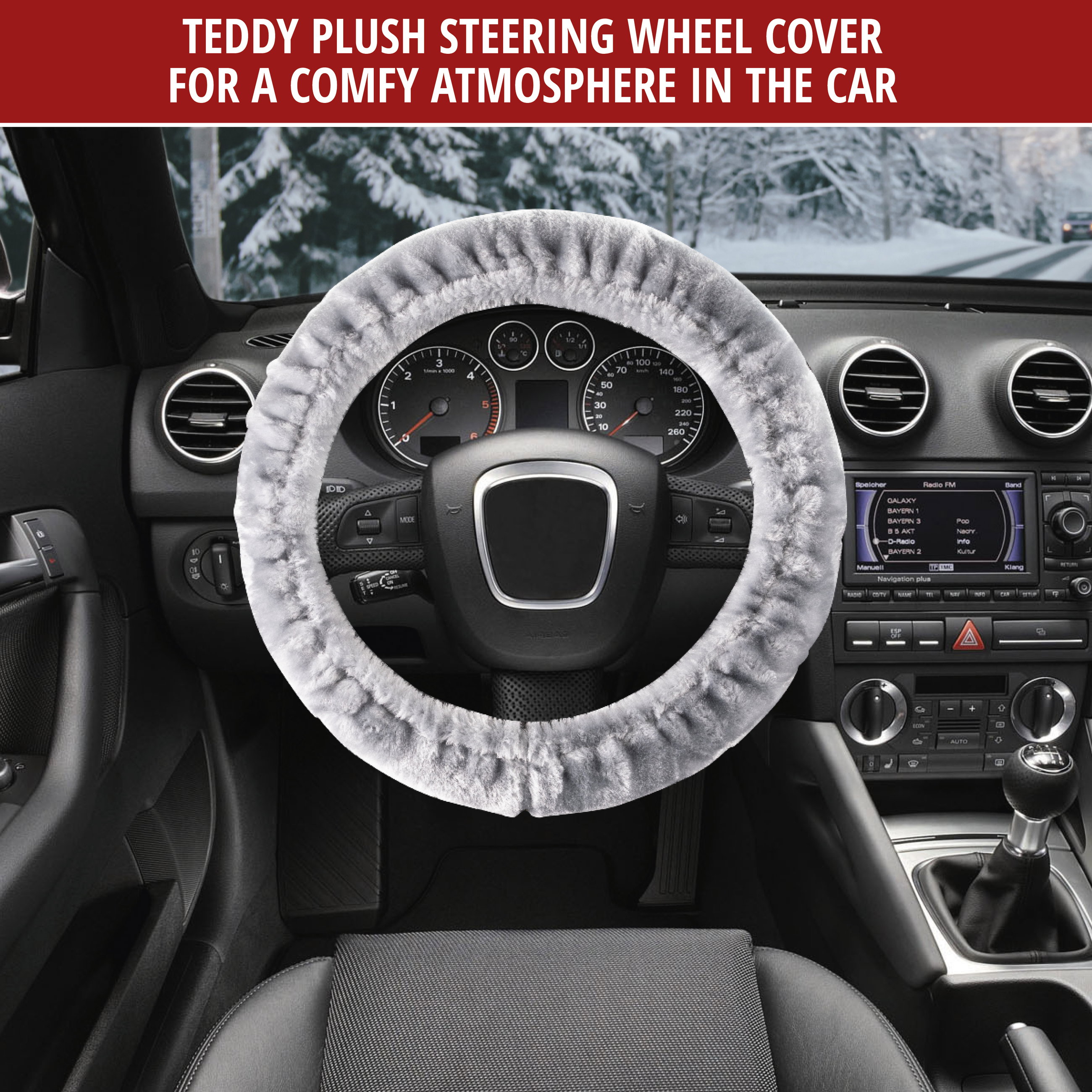 Teddy plush steering wheel cover, fluffy faux fur steering wheel cover, plush steering wheel protector silver