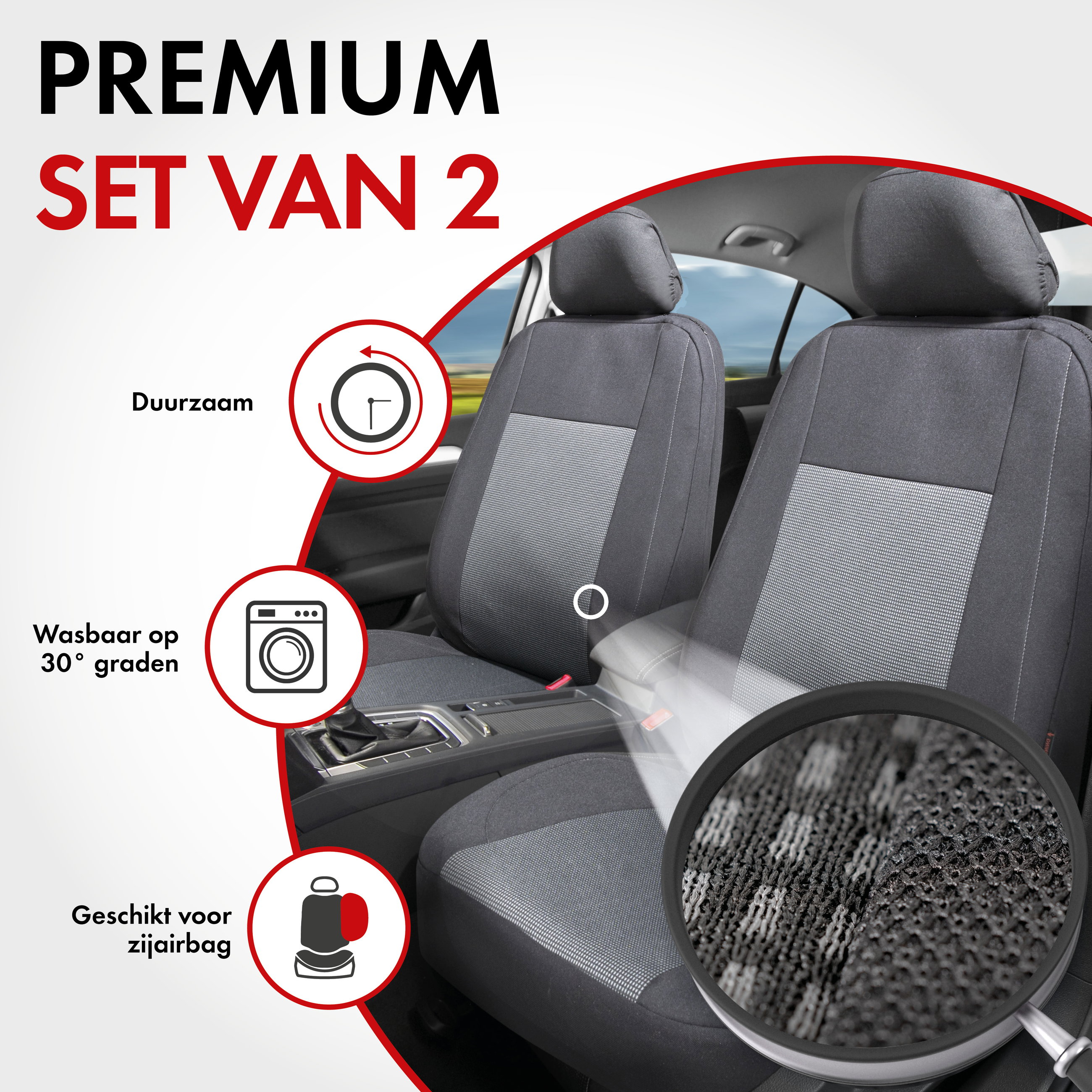 Premium autozetelhoezen Ardwell met rits, ZIPP-IT zetelhoezen, 2 voorzetelhoezen zwart/grijs