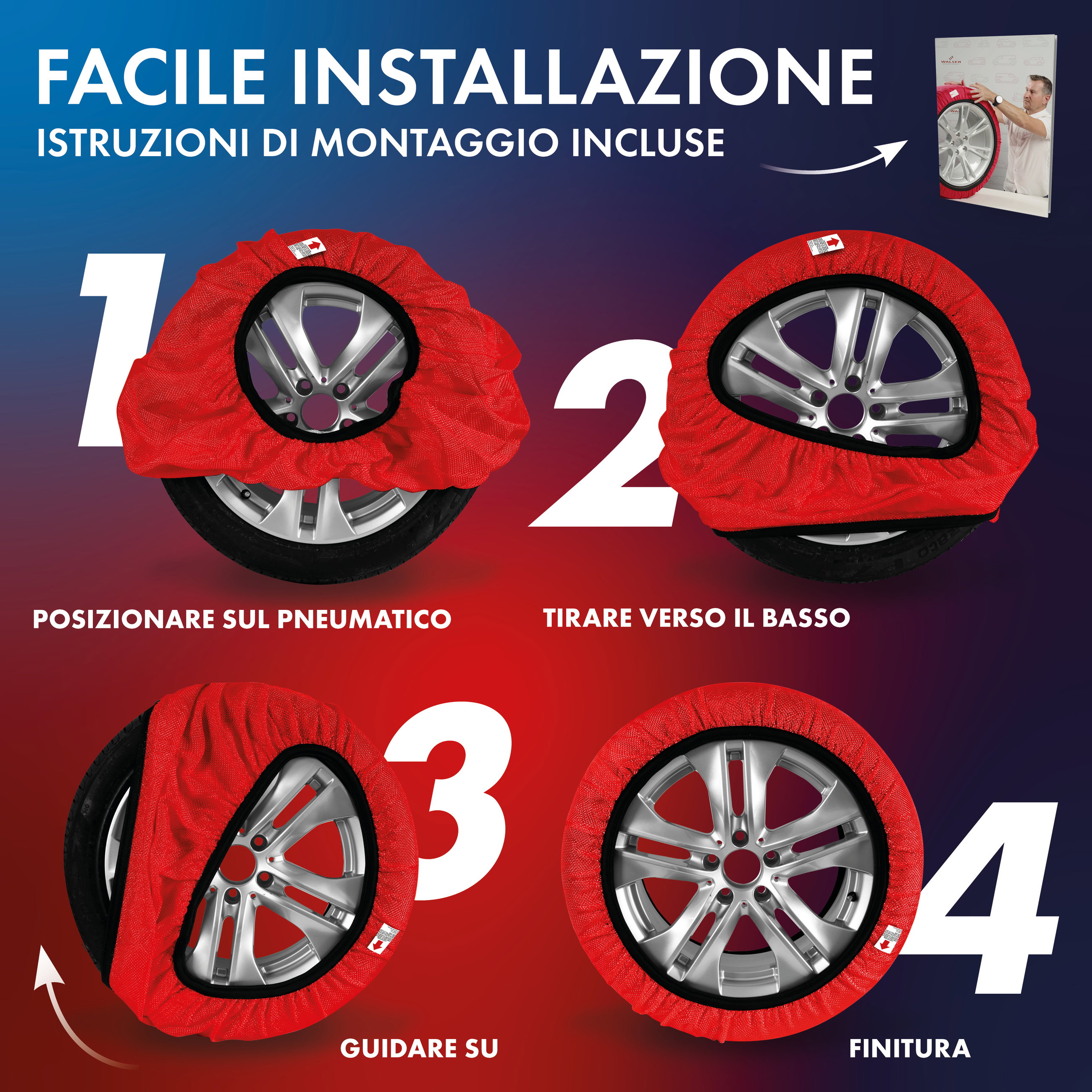 Catene da neve in tessuto Easygo L, set da 2 catene da neve tessili omologate secondo la norma UE 16662-1, catene da neve auto, calze da neve auto inverno 2 pezzi rosso