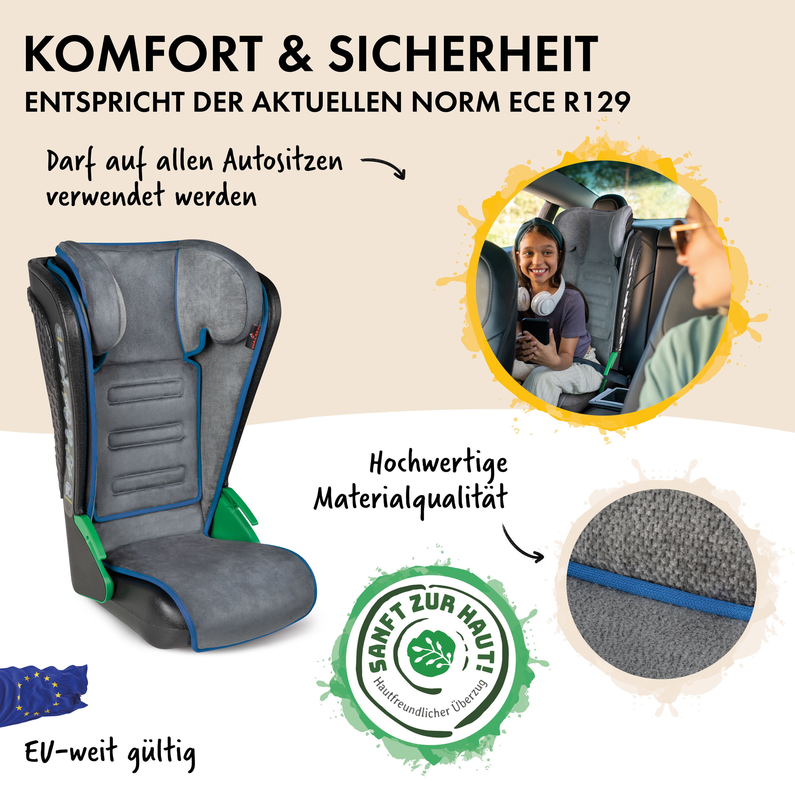 Autostoitzappe, Sitzkissen, Grau, Polsterung, Kinderauto, autokindersitz, sitzkissen, gurtführung, grau, materialqualität