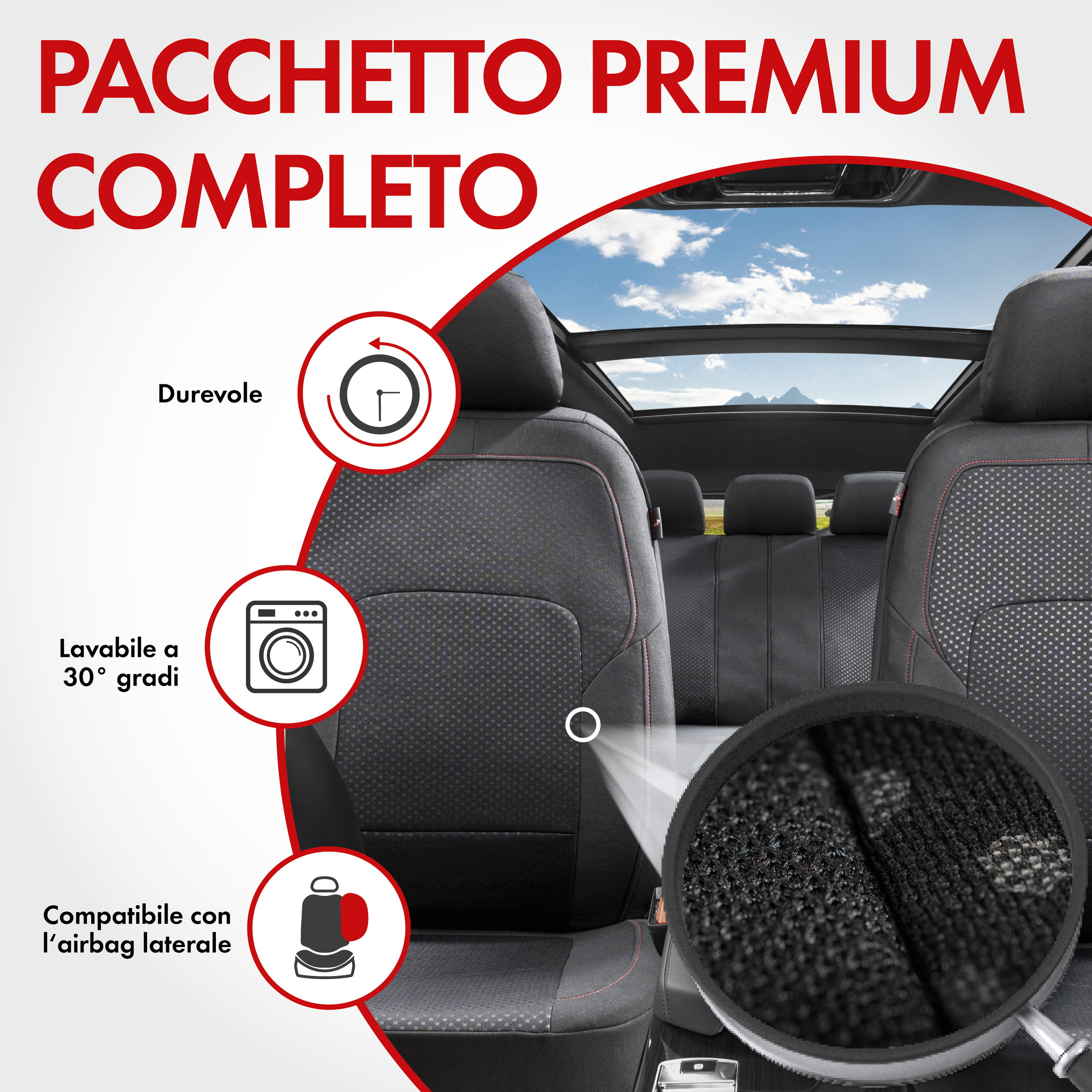 ZIPP IT Premium Coprisedili Logan set completo con sistema di chiusura lampo nero/rosso