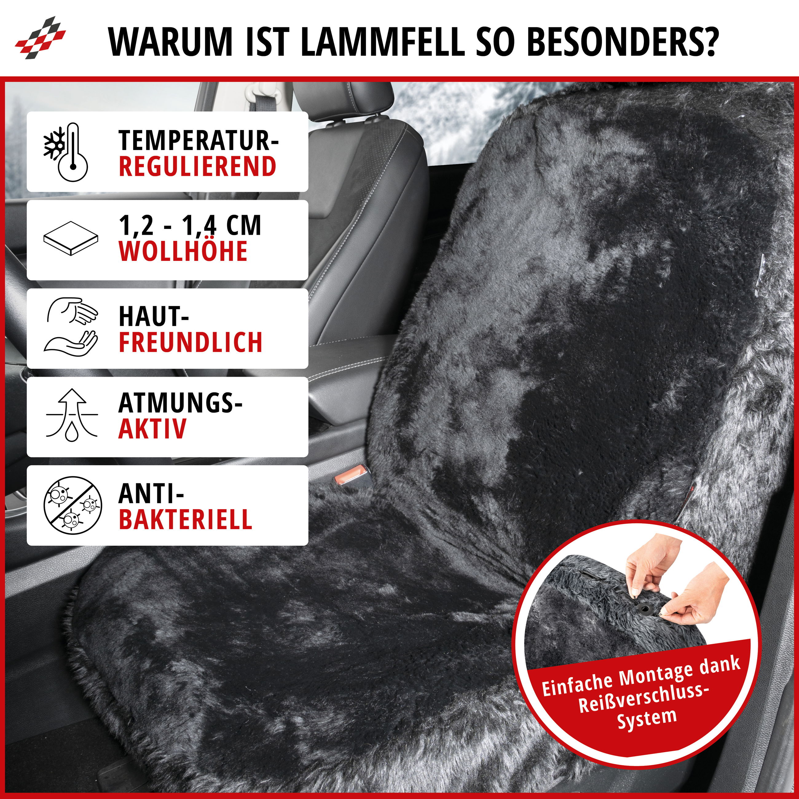 Autositzbezug Mona Lammfell & Webpelz, 12-14 mm schwarz - ZippIt 110 & 115