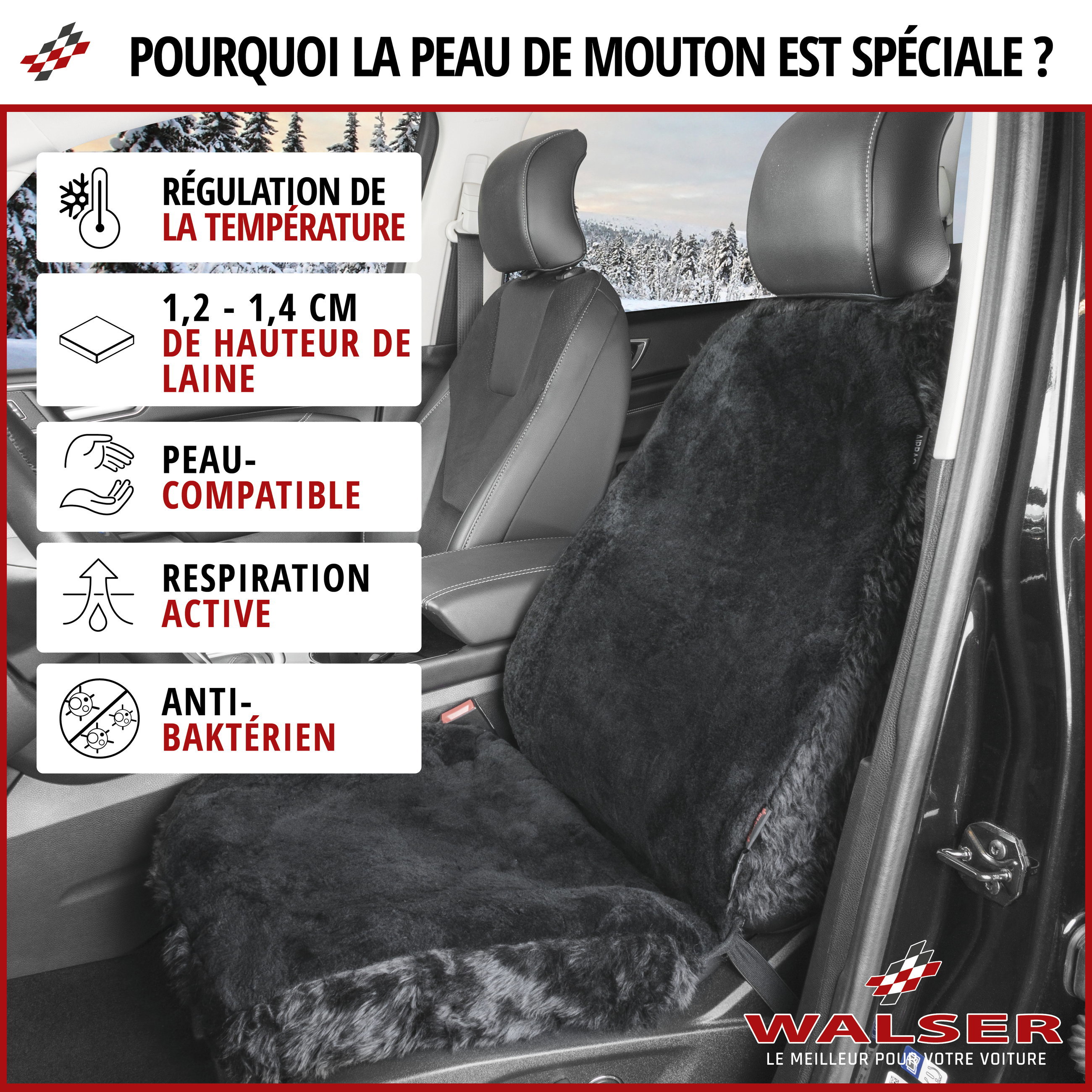 Housse de siège Nineve en peau d'agneau noire avec système informatique ZIPP, 1 pièce