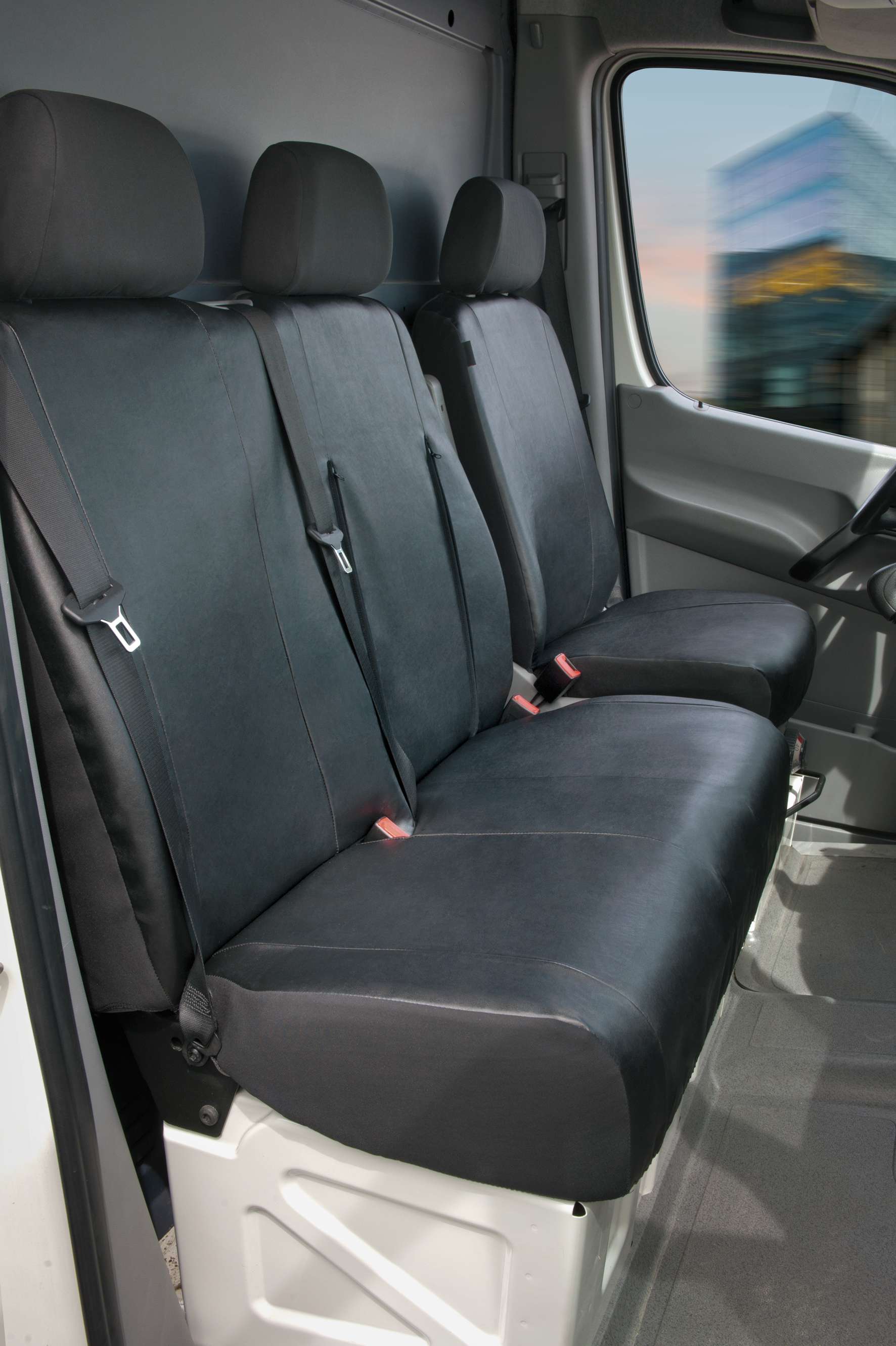 Passform Sitzbezug aus Kunstleder kompatibel mit VW Crafter, Mercedes Sprinter, 1 Einzelsitz vorne (Aussparung Armlehne) & Doppelbank vorne klappbar