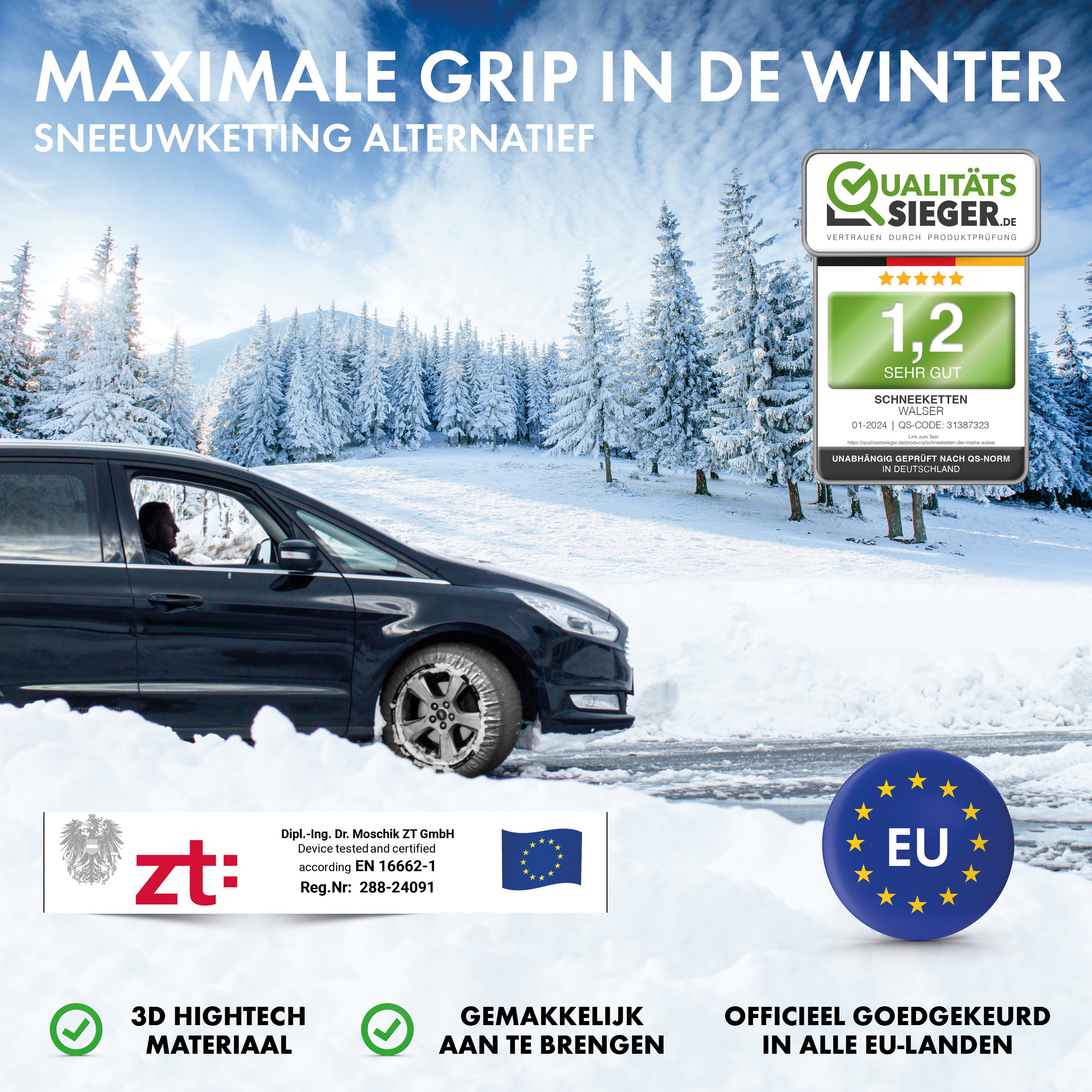 Premium Sneeuwkettingen Alternatief Easygo L, Textiel Sneeuwkettingen gehomologeerd volgens EU-norm 16662-1, Sneeuwkousen Set van 2 zwart/grijs