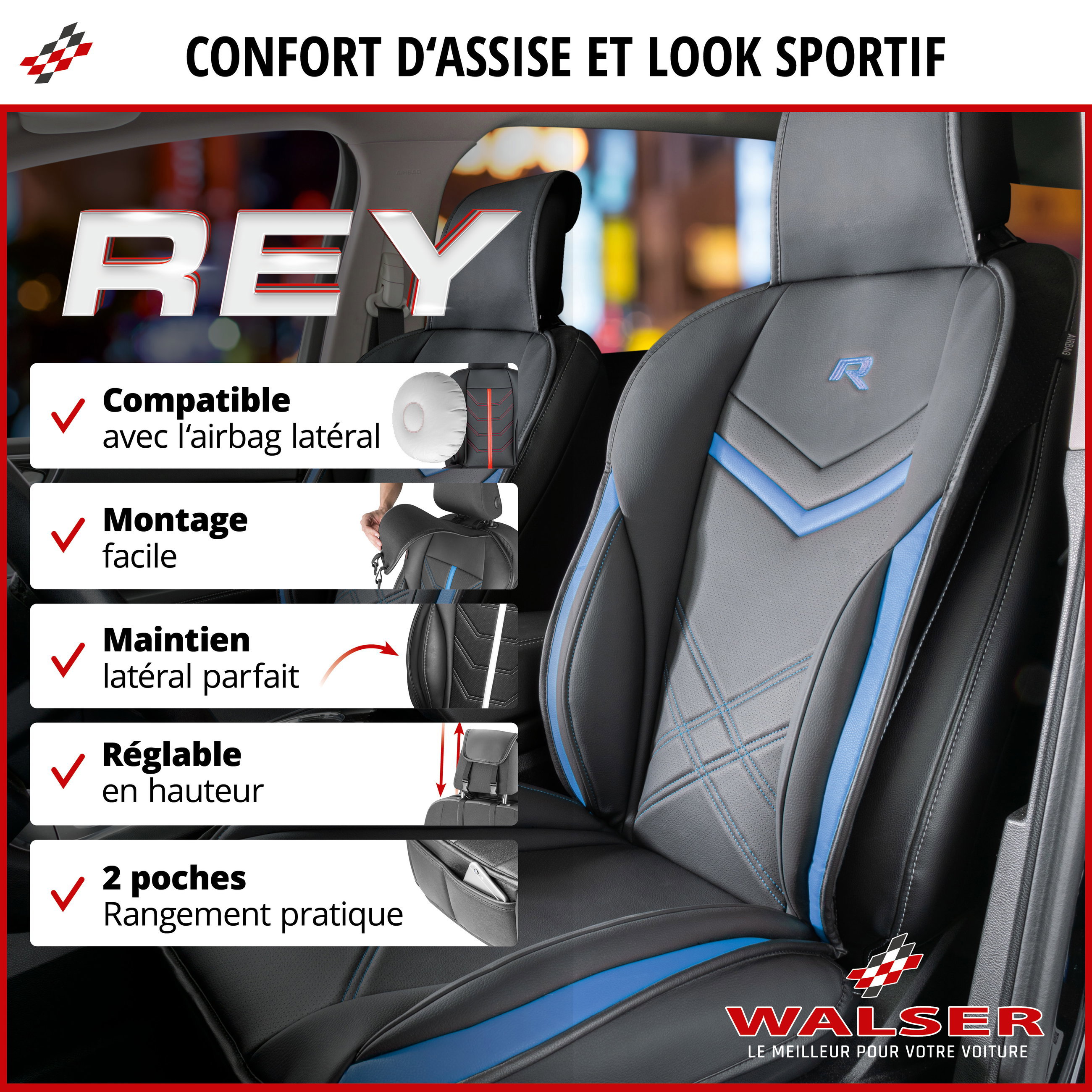 Housse de siège Rey noir-bleu, 1 pièce
