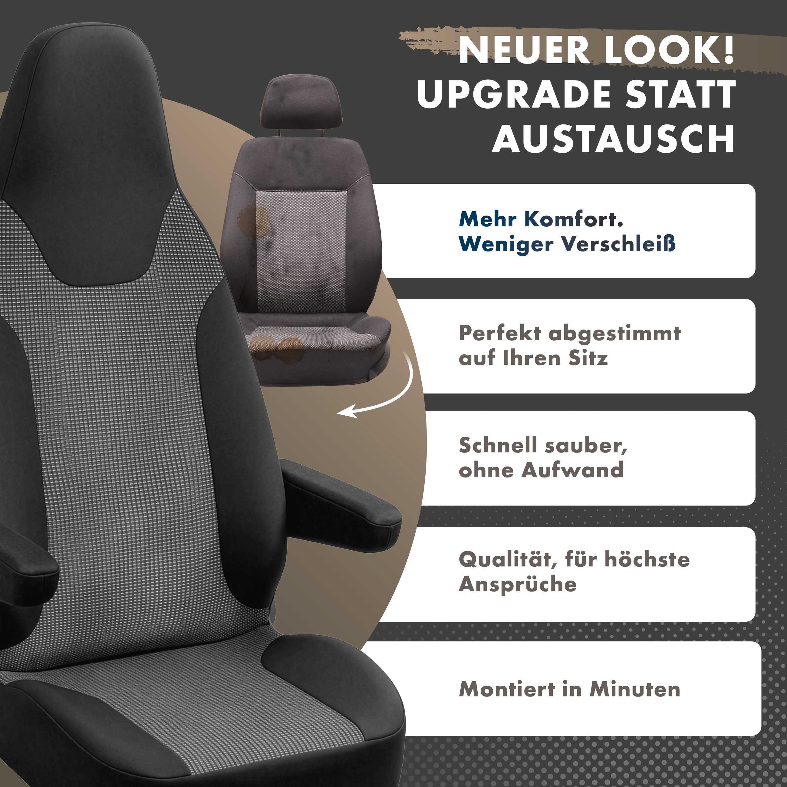 Autositz, Stoffbezug, Schwarz, Sitzkomfort, Armlehnen, autositze, fahrzeugsitz, lederstoff, grau gemustert, armlehne