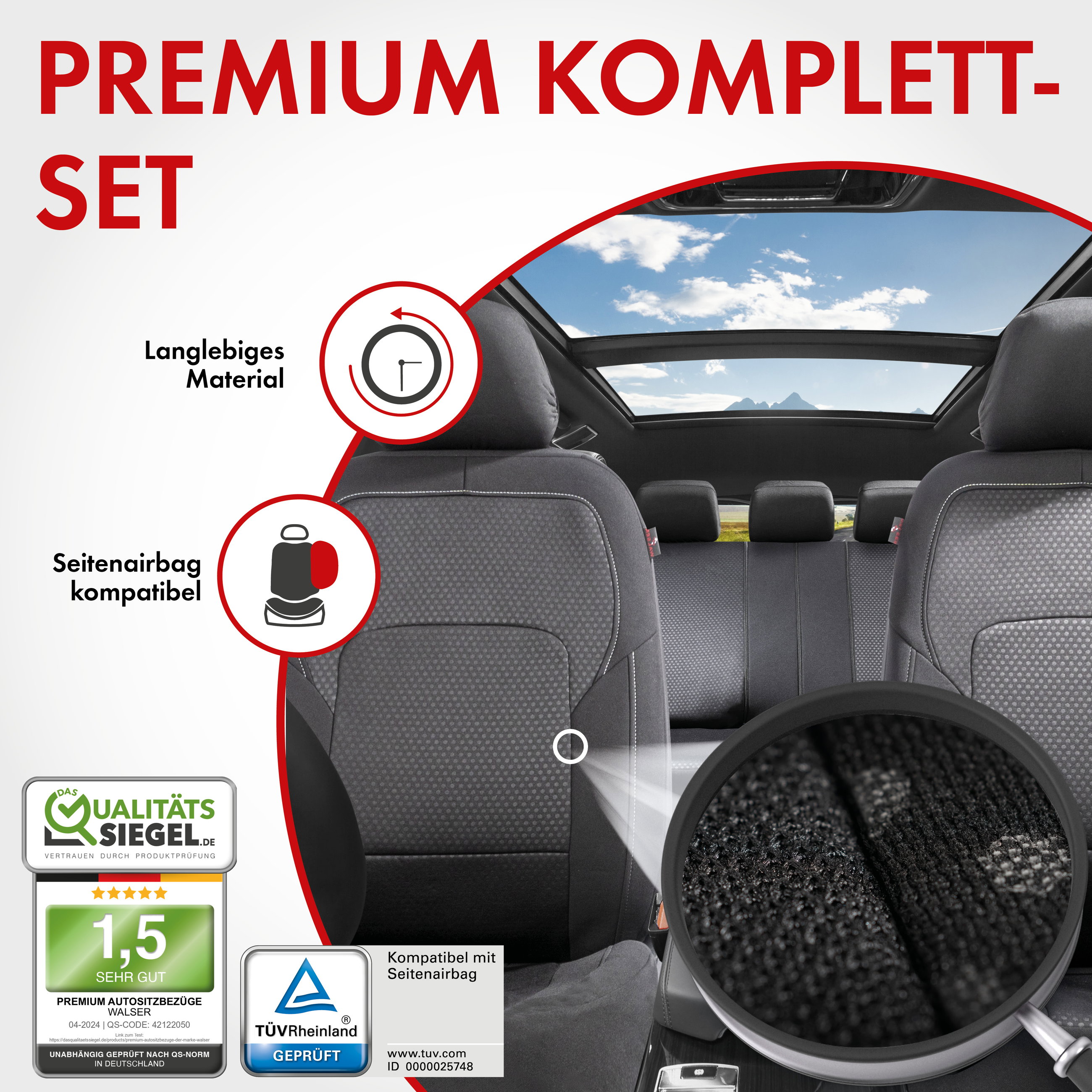Autositzbezug ZIPP-IT Premium Logan, PKW-Schonbezüge Komplettset mit Reißverschluss-System schwarz/silber