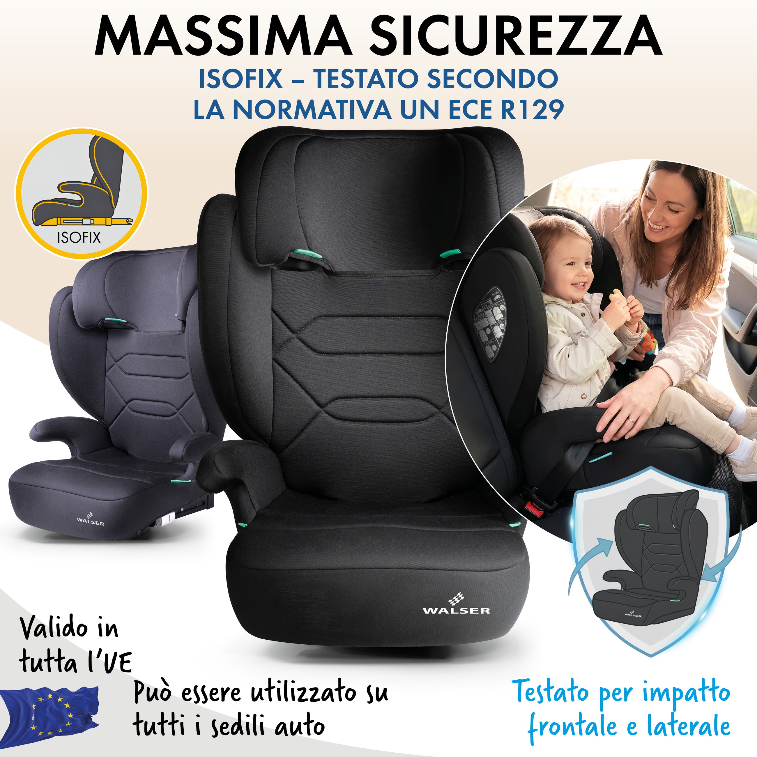 Seggiolino auto Numa con guide ISOFIX, seggiolino confortevole (3-8 anni) 100-150 cm, seggiolino auto 2in1 con schienale rimovibile e poggiatesta regolabile ECE R 129 certificato nero