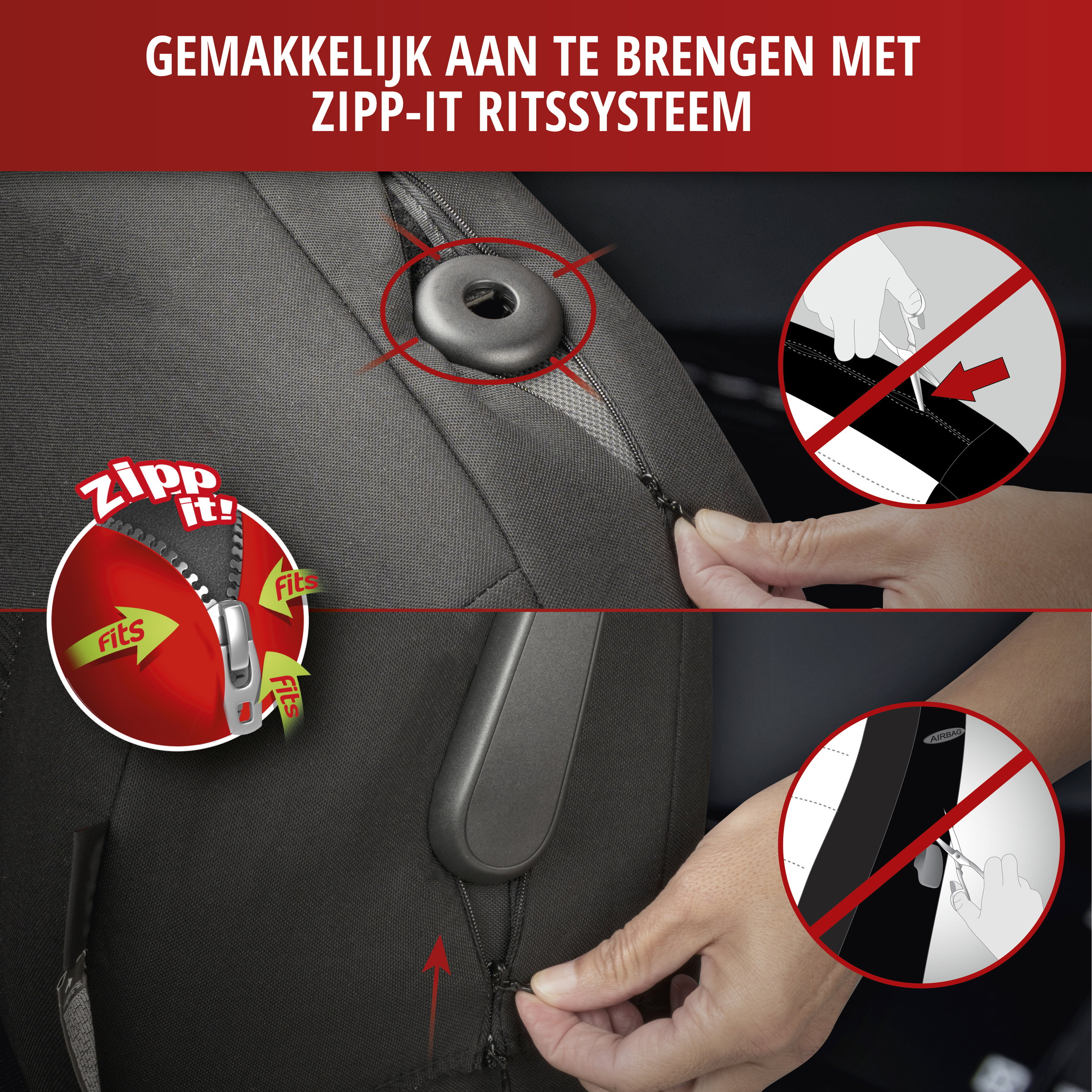 Autostoelhoes Inde met Rits, ZIPP-IT Premium Stoelhoes Auto, 2 Voorstoelhoezen zwart/grijs