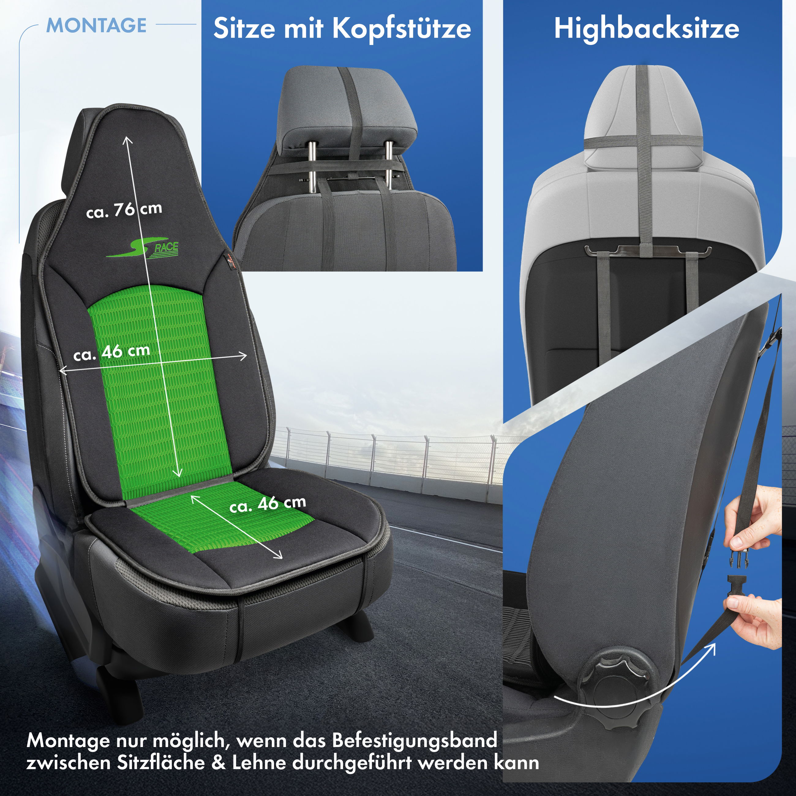 PKW Sitzauflage S-Race, Auto Sitzaufleger für Highback-/Pilotensitze, PKW Sitzschoner Vordersitze grün, 1 Stück
