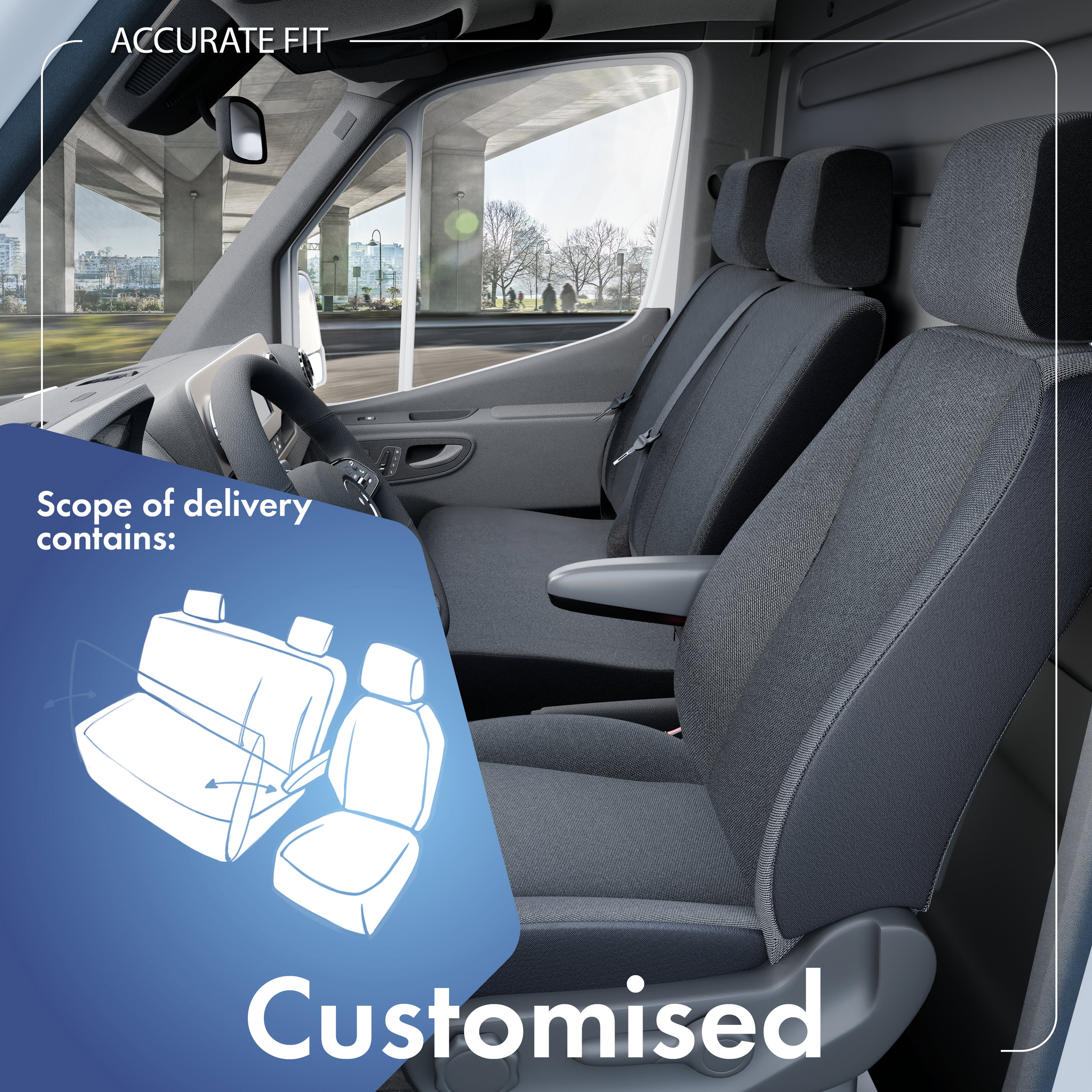 Mercedes-Benz Sprinter, VW Crafter kompatibelt sædebetræk i stof, perfekt pasform til enkeltsæde foran (udskæring armlæn) + dobbeltbænk foran foldbar (udskæring bord), sædebetræk til varevogn/van