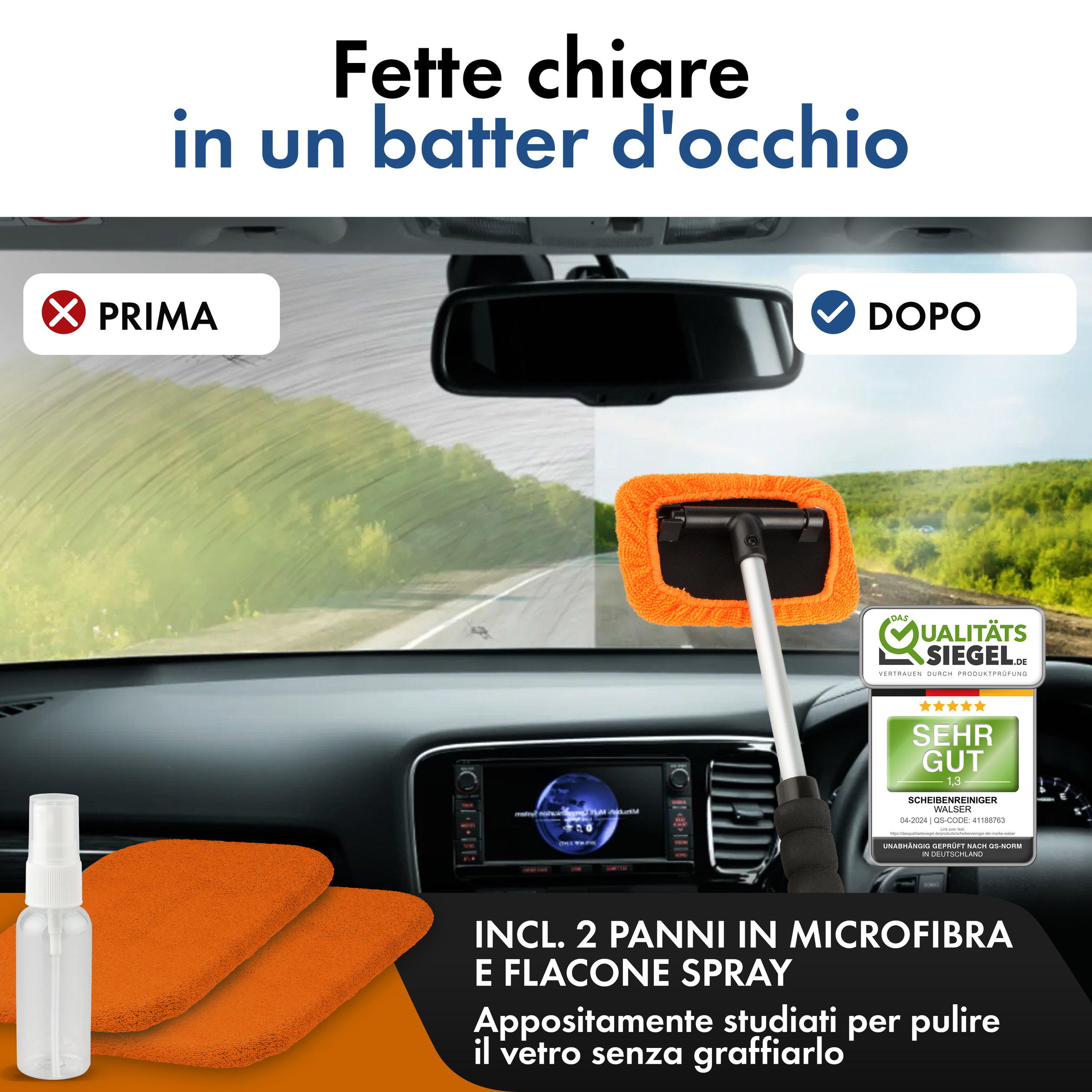 Pulitore per vetri incl. flacone spray telescopico 26 - 42 cm arancione