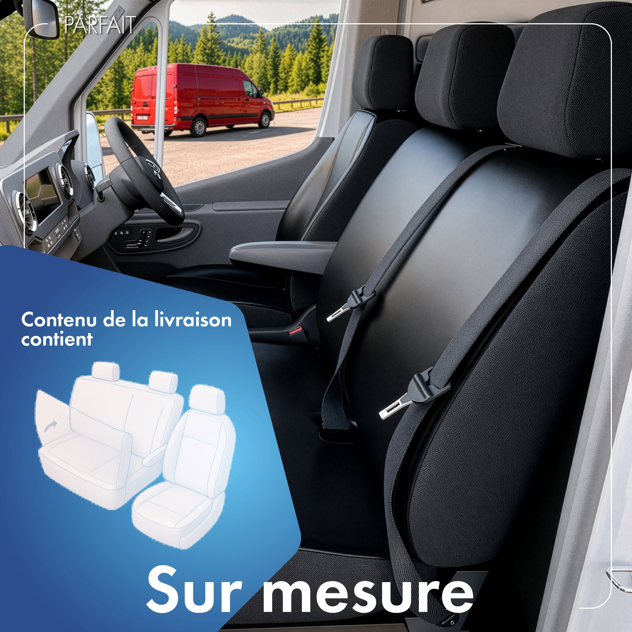 Housse de siège Transporter en simili cuir pour VW Crafter, Mercedes Sprinter, 1 siège individuel à l'avant (évidement accoudoir) & double banquette avant rabattable