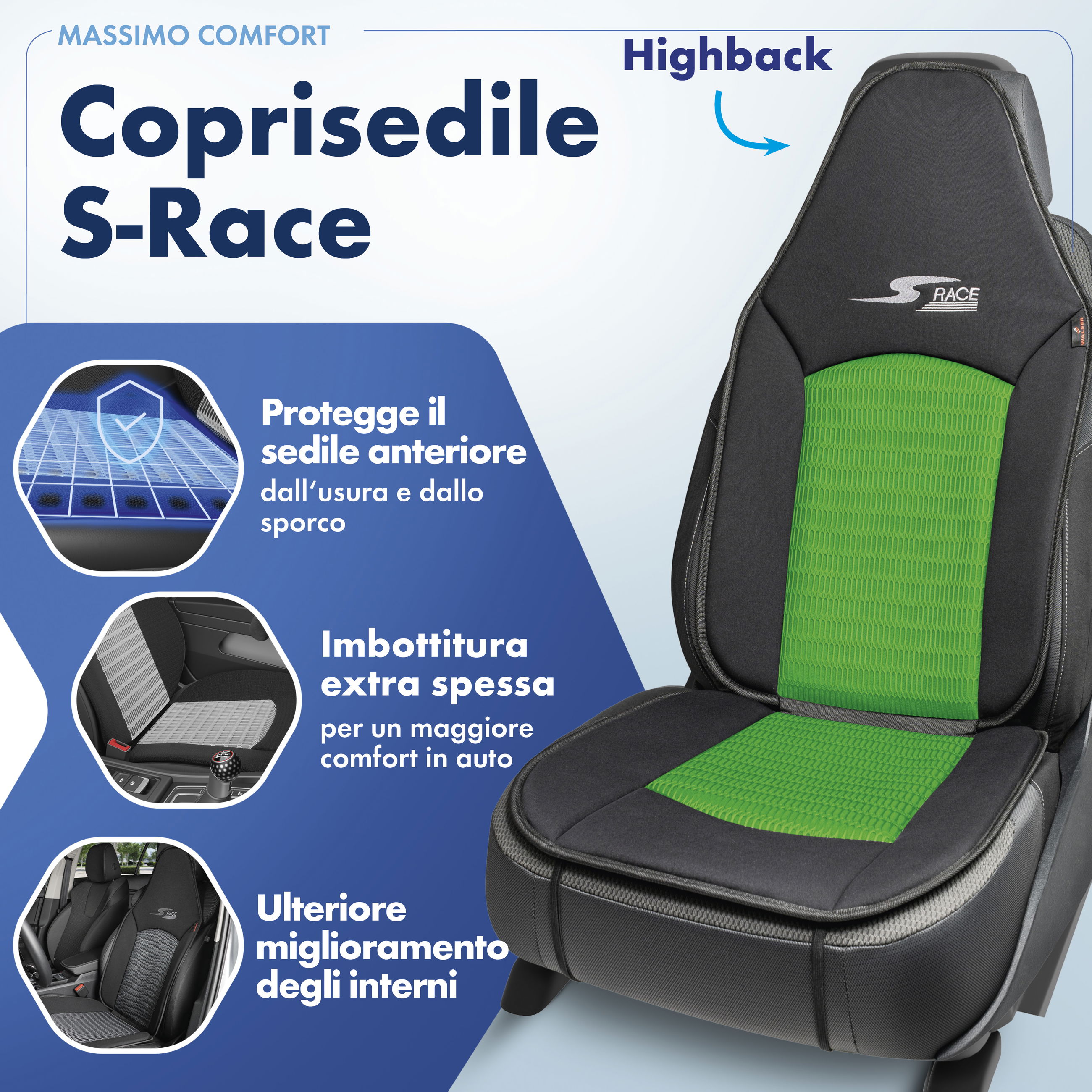 Coprisedile per auto S-Race, coprisedile per auto per sedili highback/da pilota, coprisedile per auto sedili anteriori verde, 1 pezzo