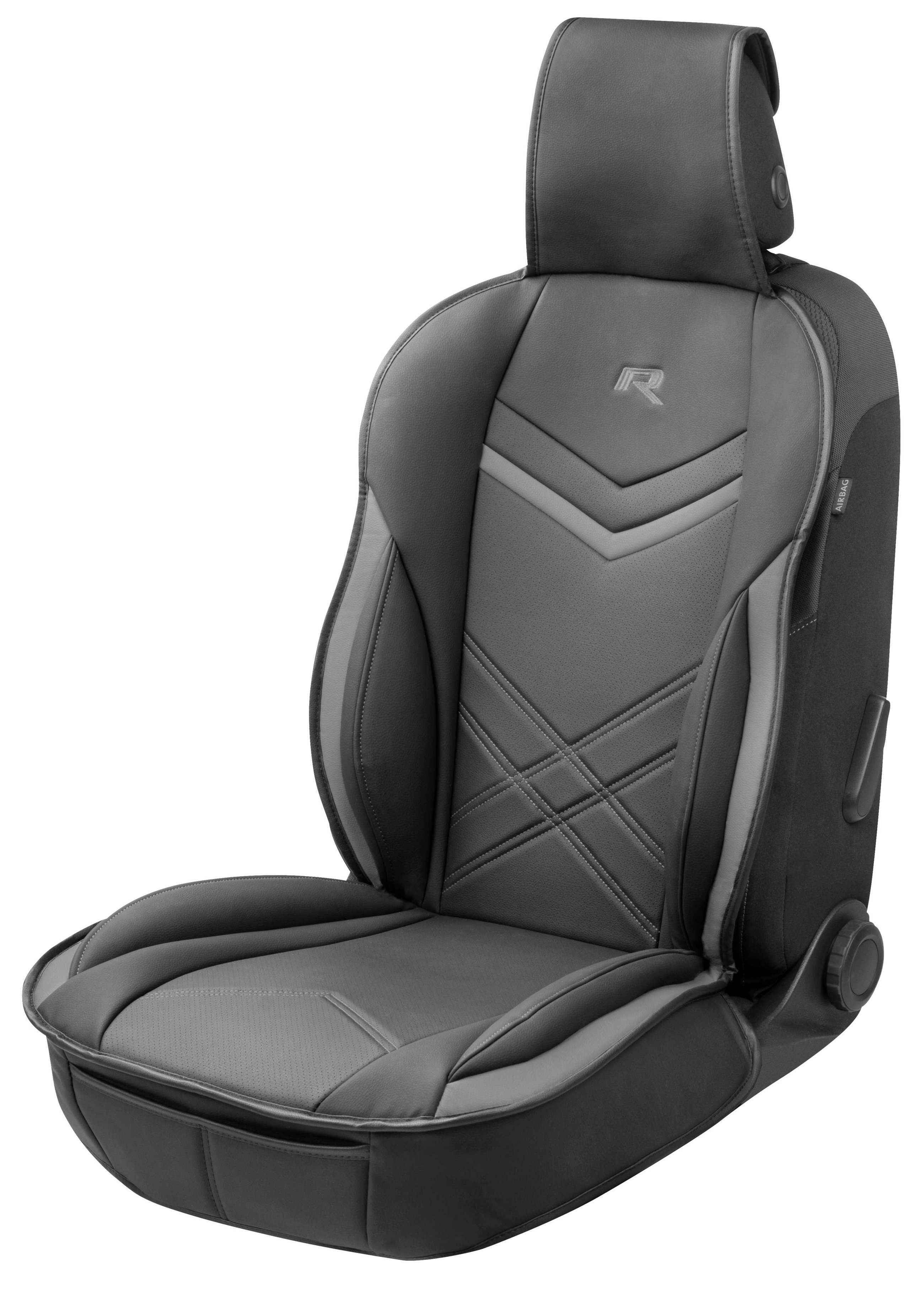 Autostoelhoes Rey, universele stoelhoes en beschermmat in zwart-grijs, stoelbeschermer voor auto\'s en vrachtwagens in racing look, 1 stuk