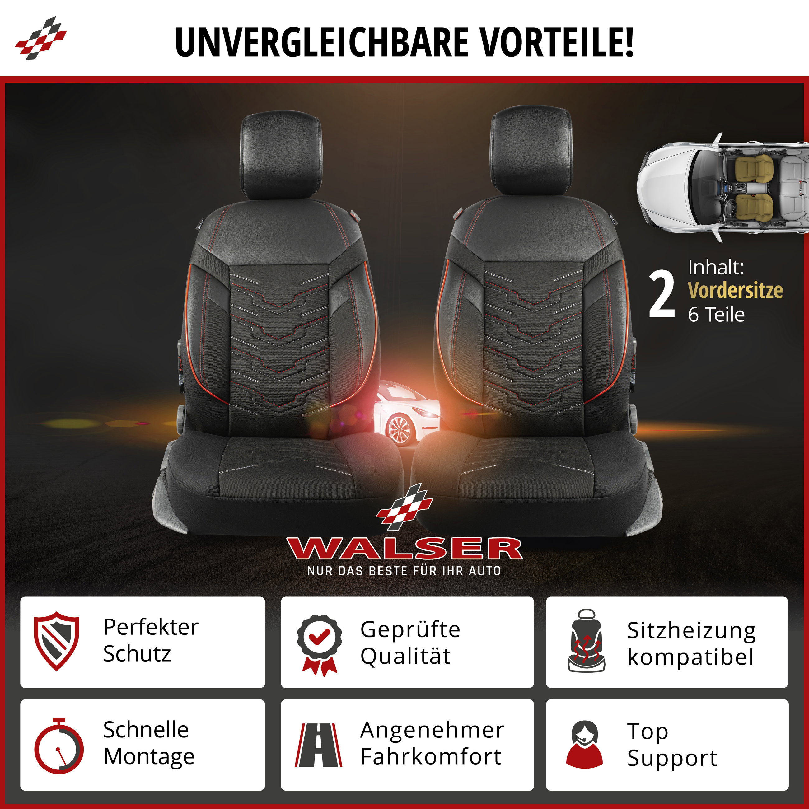 Autositzbezug ZIPP-IT Deluxe Marbella, PKW-Schonbezüge für 2 Vordersitze mit Reißverschluss-System schwarz/rot