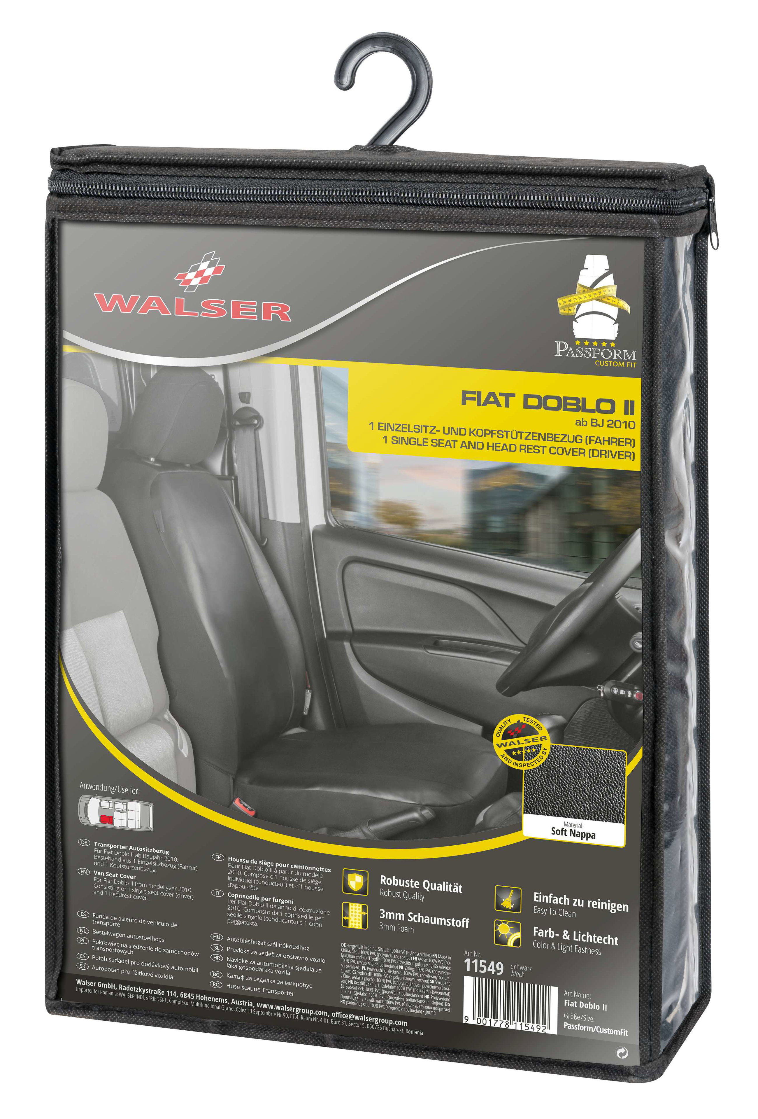 Housse de siège Transporter en simili cuir pour Fiat Doblo 2, 1 siège individuel conducteur (évidement accoudoir droit)
