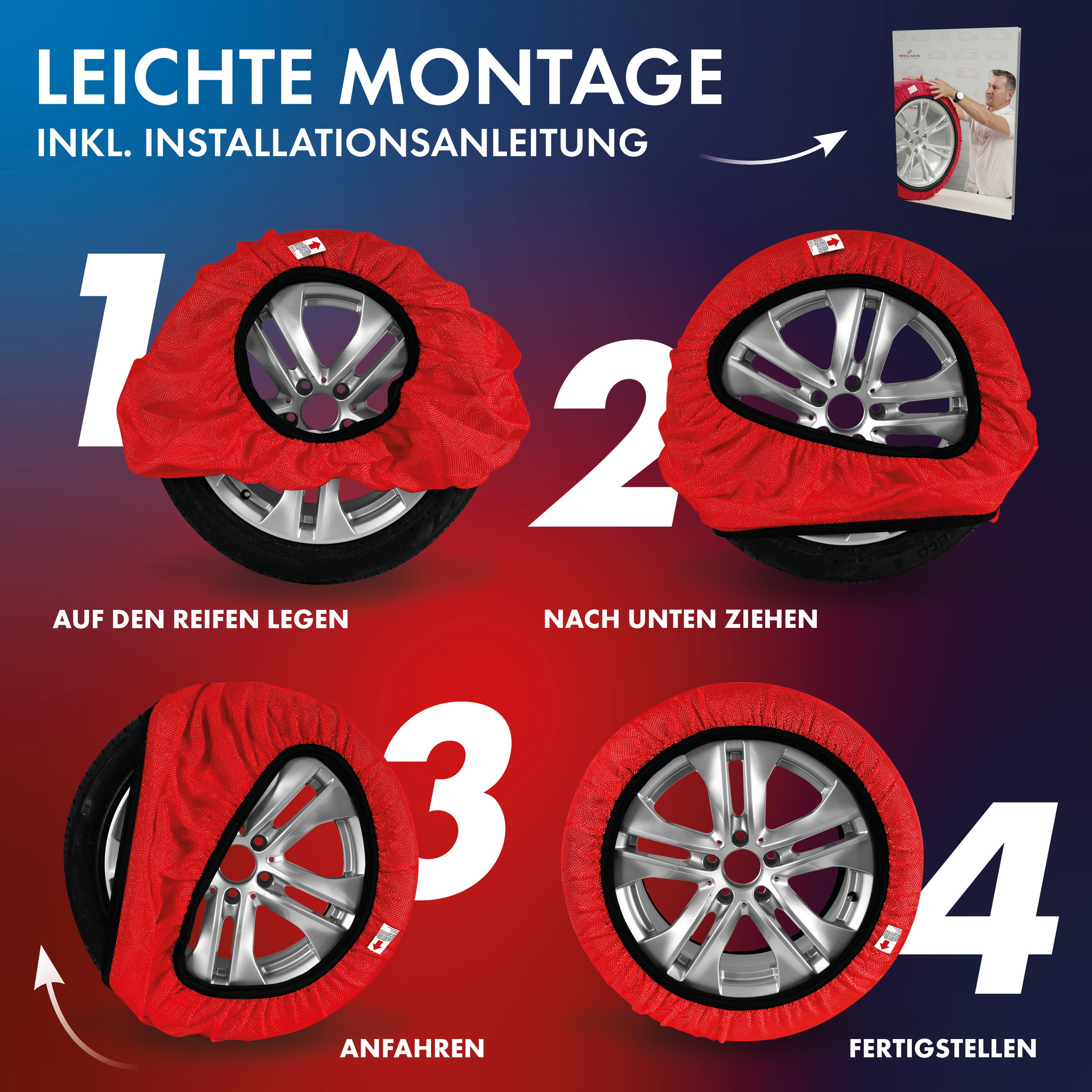 Textile Schneeketten Easygo XXL, 2er Set Textil Schneeketten nach EU Norm 16662-1 homologiert, Auto Schneeketten, Auto Schneesocken Winter 2 Stück rot
