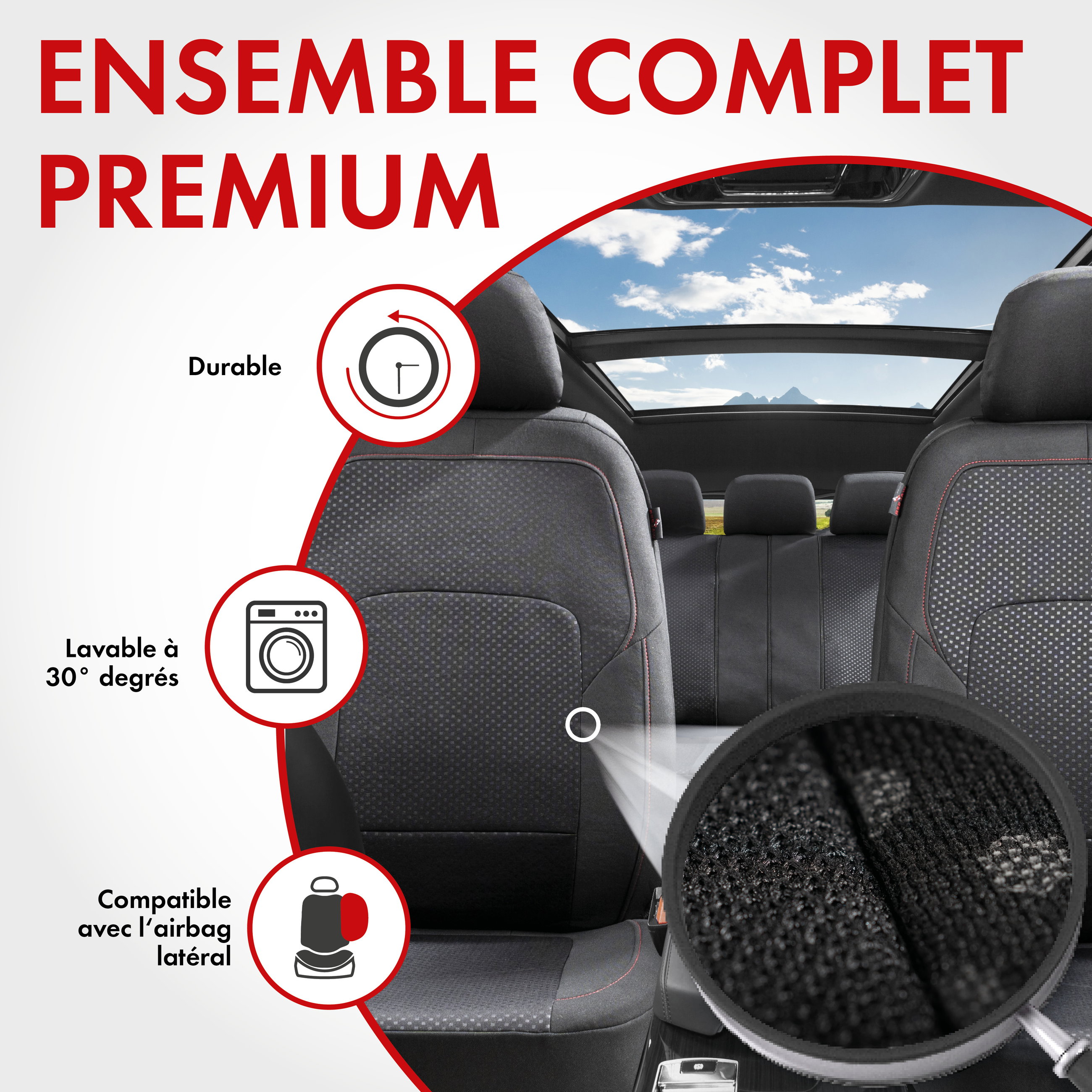 ZIPP IT Premium Housse de sièges Logan complet avec système de fermeture éclair noir/rouge
