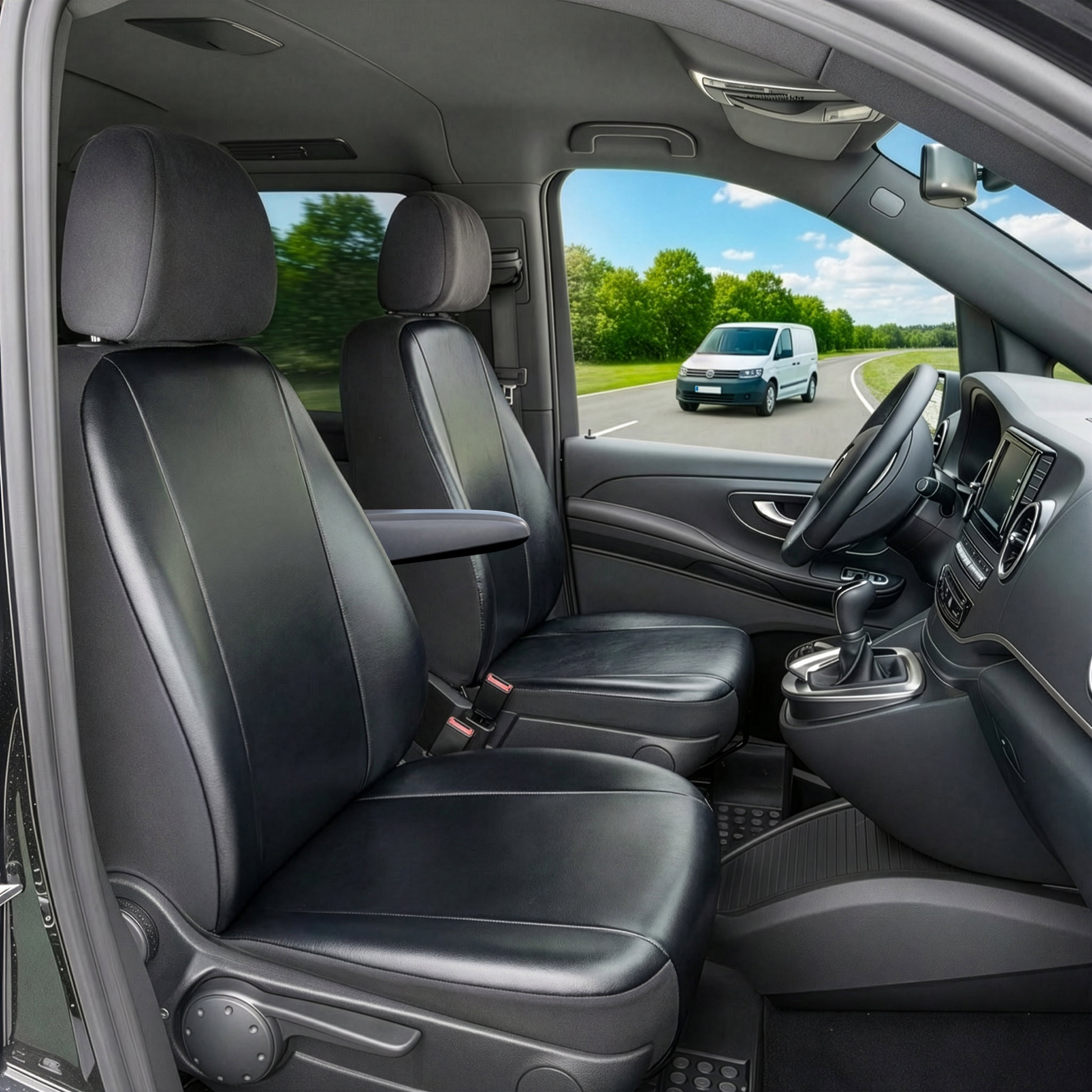 Ford Transit Courier B460 kompatibler Sitzbezug Kunstleder, passgenau für Einzelsitz Fahrer (Ausnehmung Armlehne rechts) + Einzelsitz Beifahrer, robuste Sitzbezüge Transporter/Van anthrazit