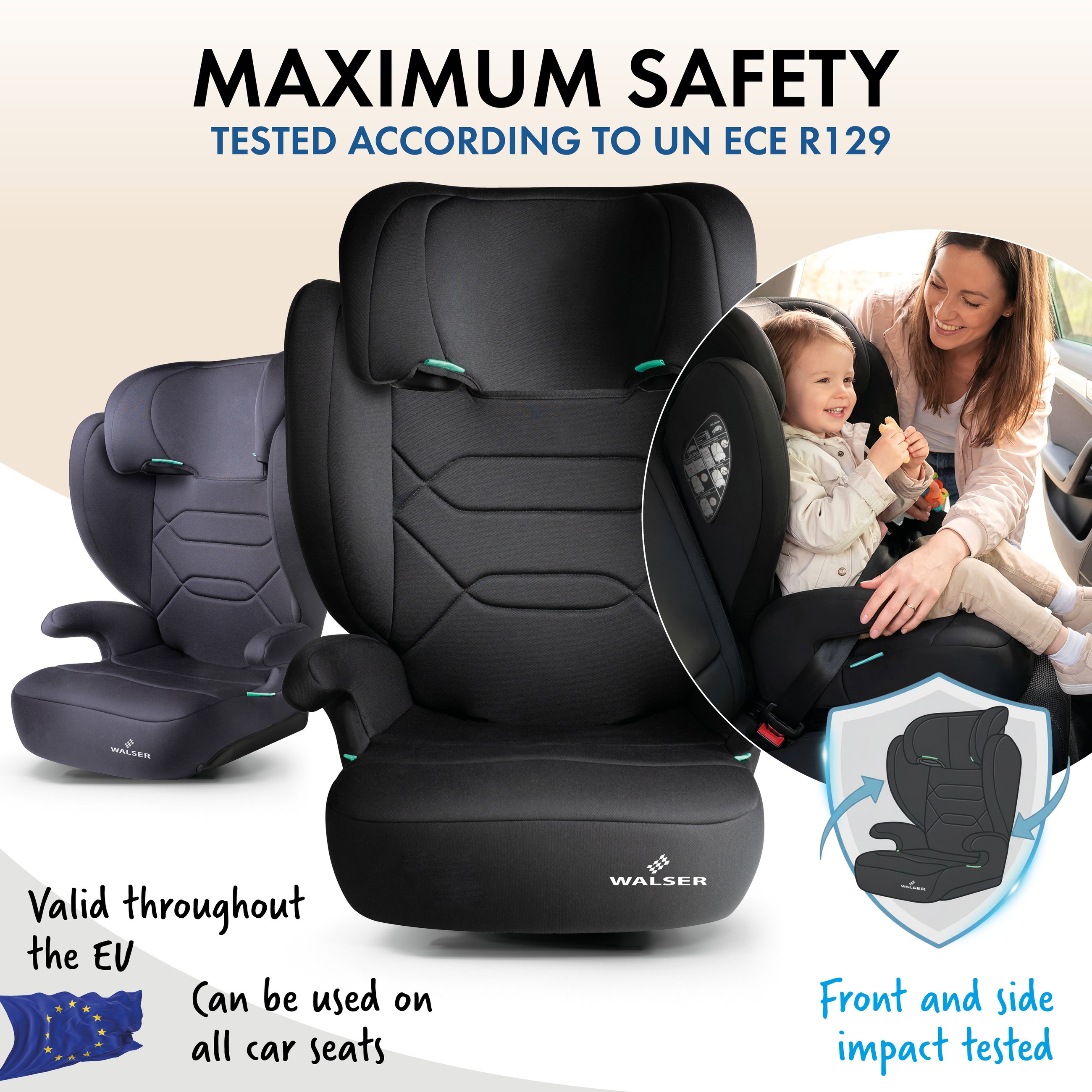 Numa car child seat, comfortable child seat (3-8 years) 100-150 cm, 2in1 car child seat with removable backrest and adjustable headrest ECE R 129 certified black