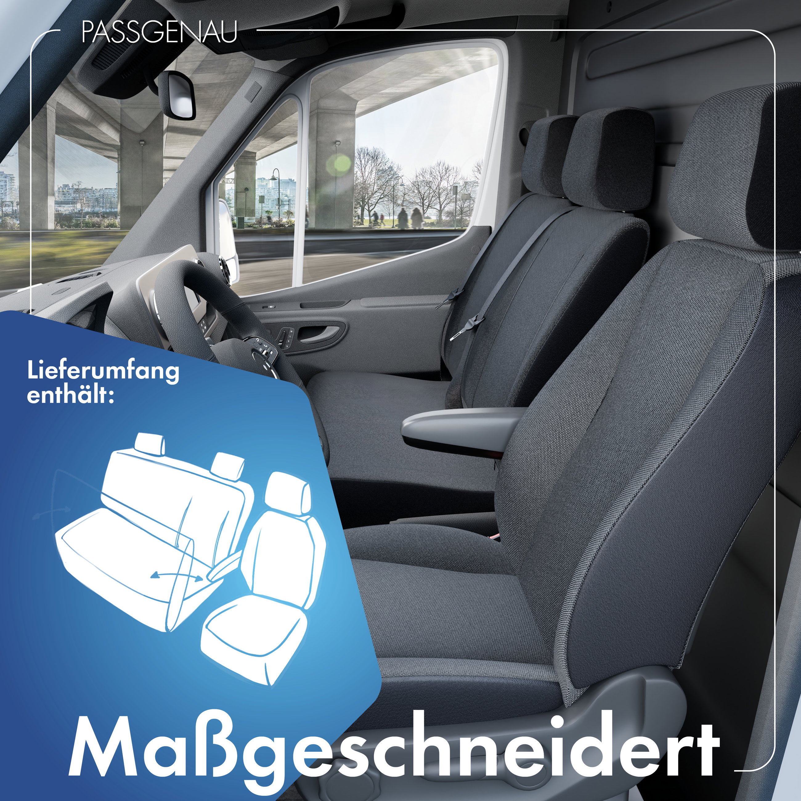 Mercedes-Benz Sprinter, VW Crafter kompatibler Sitzbezug Stoff, passgenau für Einzelsitz vorne (Ausnehmung Armlehne) + Doppelbank vorne Sitzbank klappbar (Ausnehmung Tisch), robuste Sitzbezüge Transporter/Van anthrazit