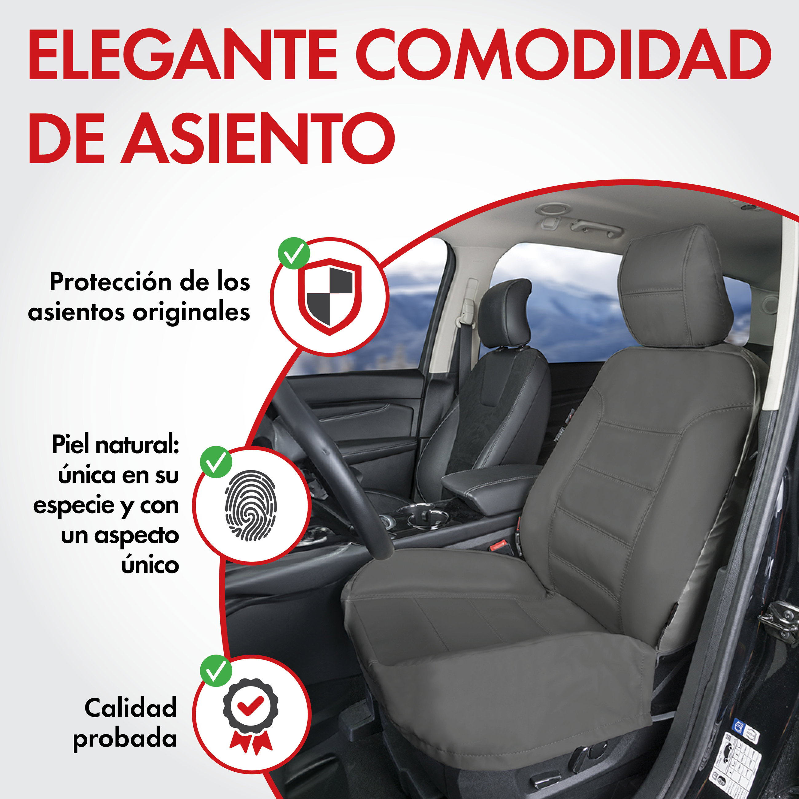 Funda de asiento Billy de cuero auténtico, funda protectora de coche cuero auténtico, funda de asiento delantero ZIPP-IT gris, 1 pieza
