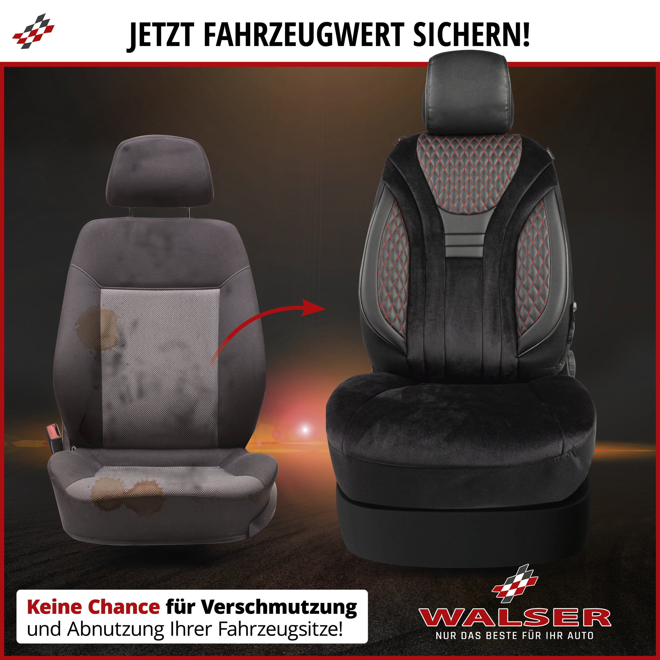 Autositzbezug ZIPP-IT Deluxe Balmoral, PKW-Schonbezüge für 2 Vordersitze mit Reißverschluss-System schwarz/rot