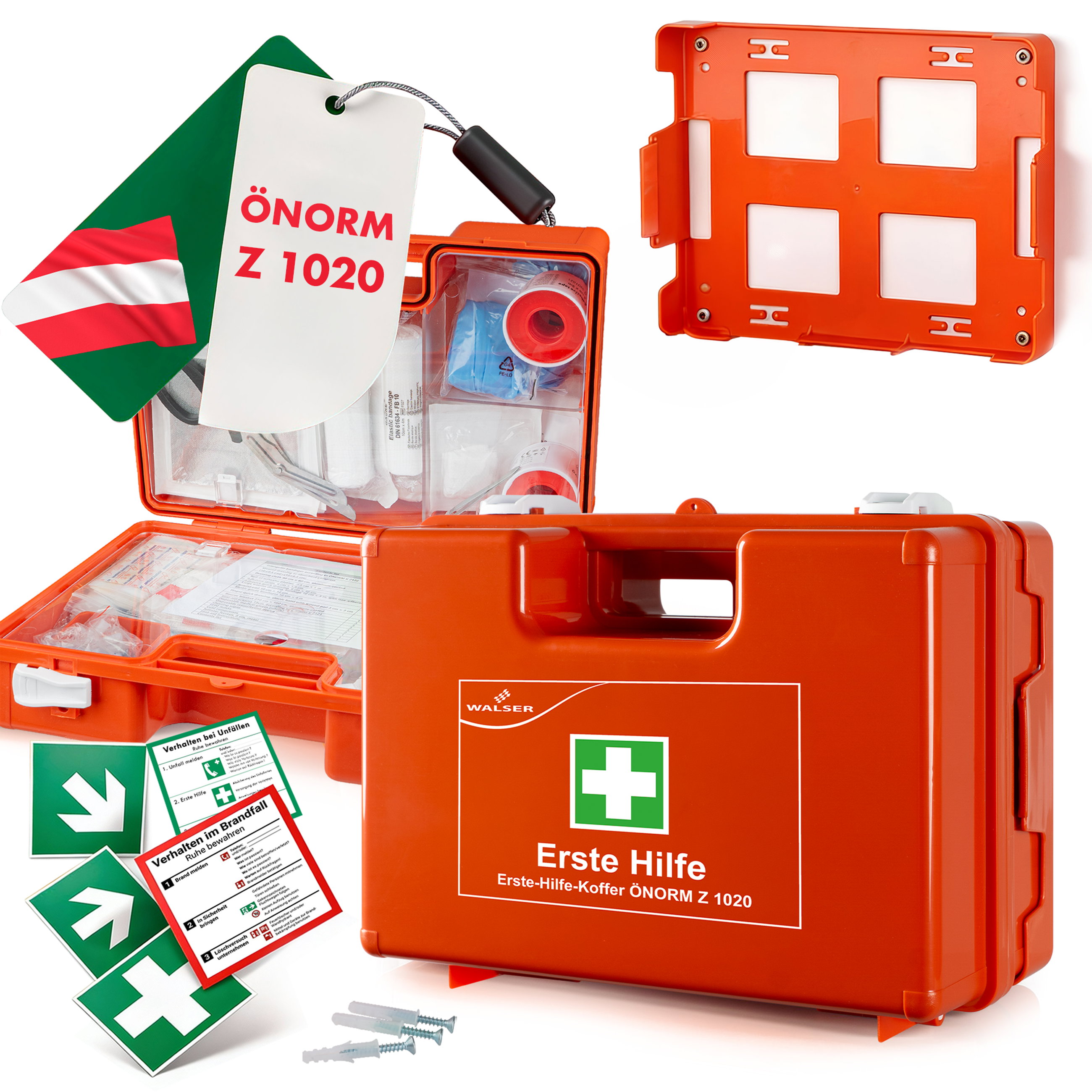 Kit di pronto soccorso secondo la norma austriaca Ö-Norm Z1020:2025, cassetta di pronto soccorso aziendale incl. supporto a parete, kit sanitario 66 pezzi, cassetta di pronto soccorso per aziende e cantieri, kit pronto soccorso per ufficio/casa