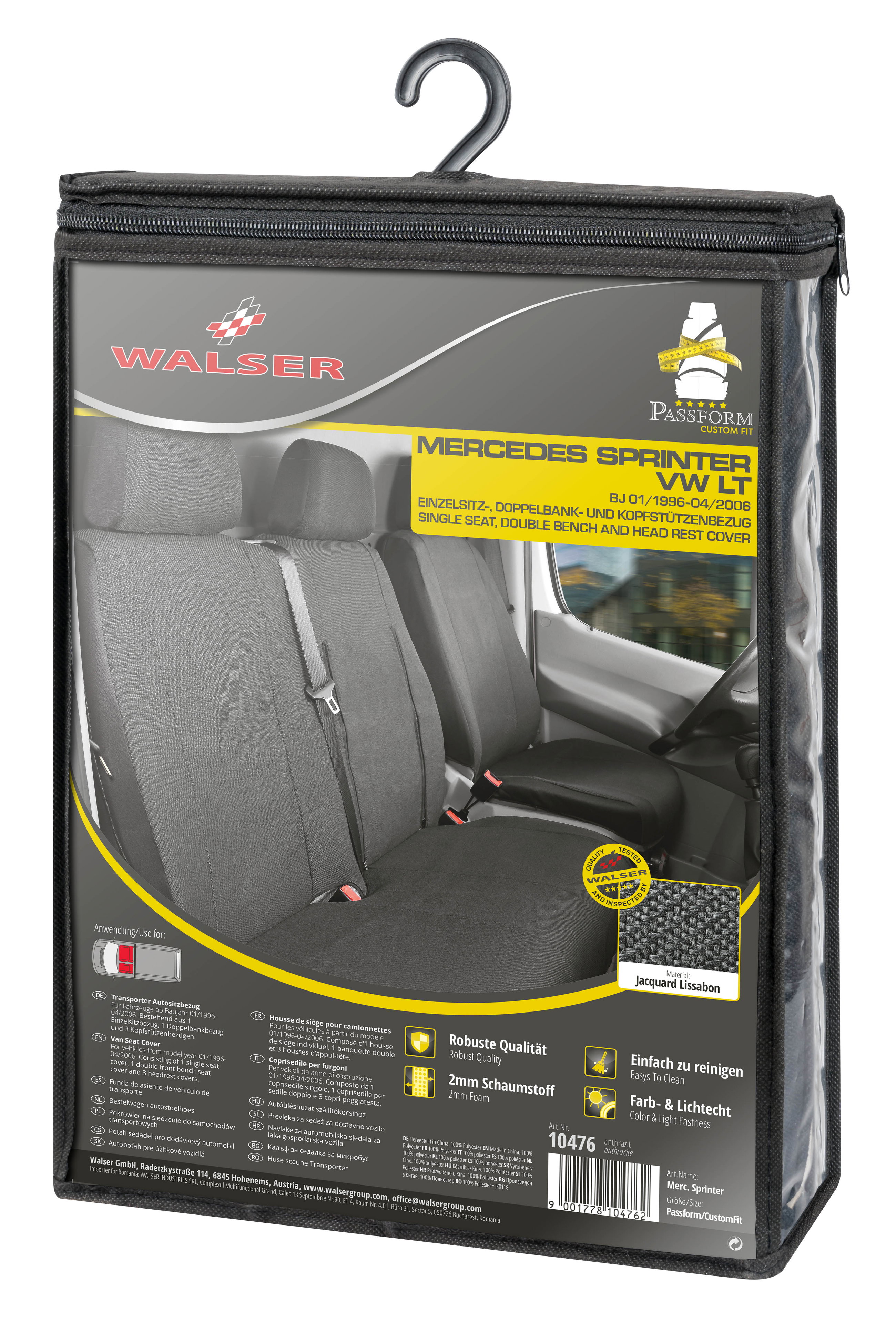 Transporter Coprisedili in tessuto per VW LT, Mercedes Sprinter, 1 sedile anteriore singolo (con bracciolo) & Doppelbank vorne