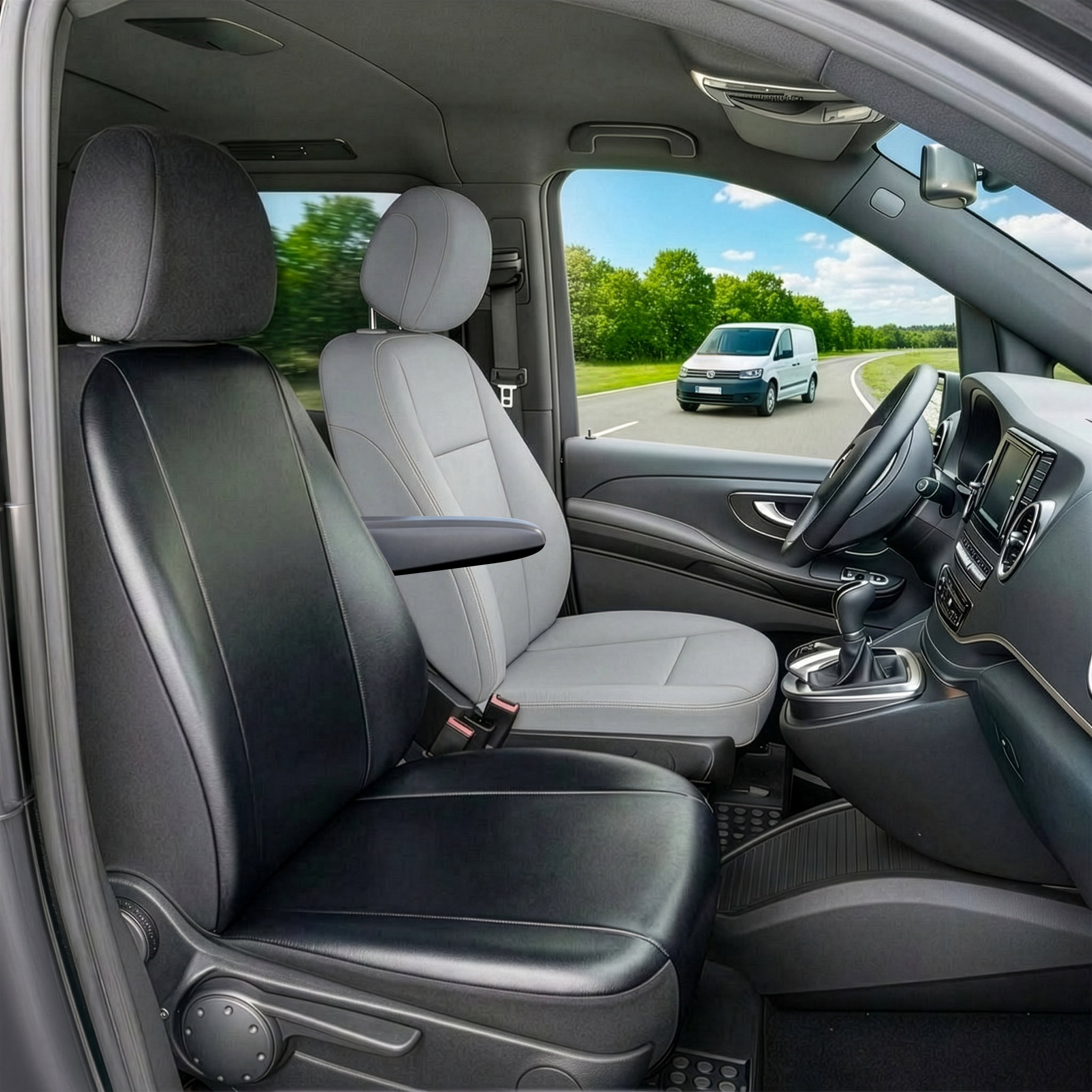 Fiat Doblo Cargo kompatibler Sitzbezug Kunstleder, passgenau für Einzelsitz Beifahrer (Ausnehmung Armlehne links), robuste Sitzbezüge Transporter/Van anthrazit