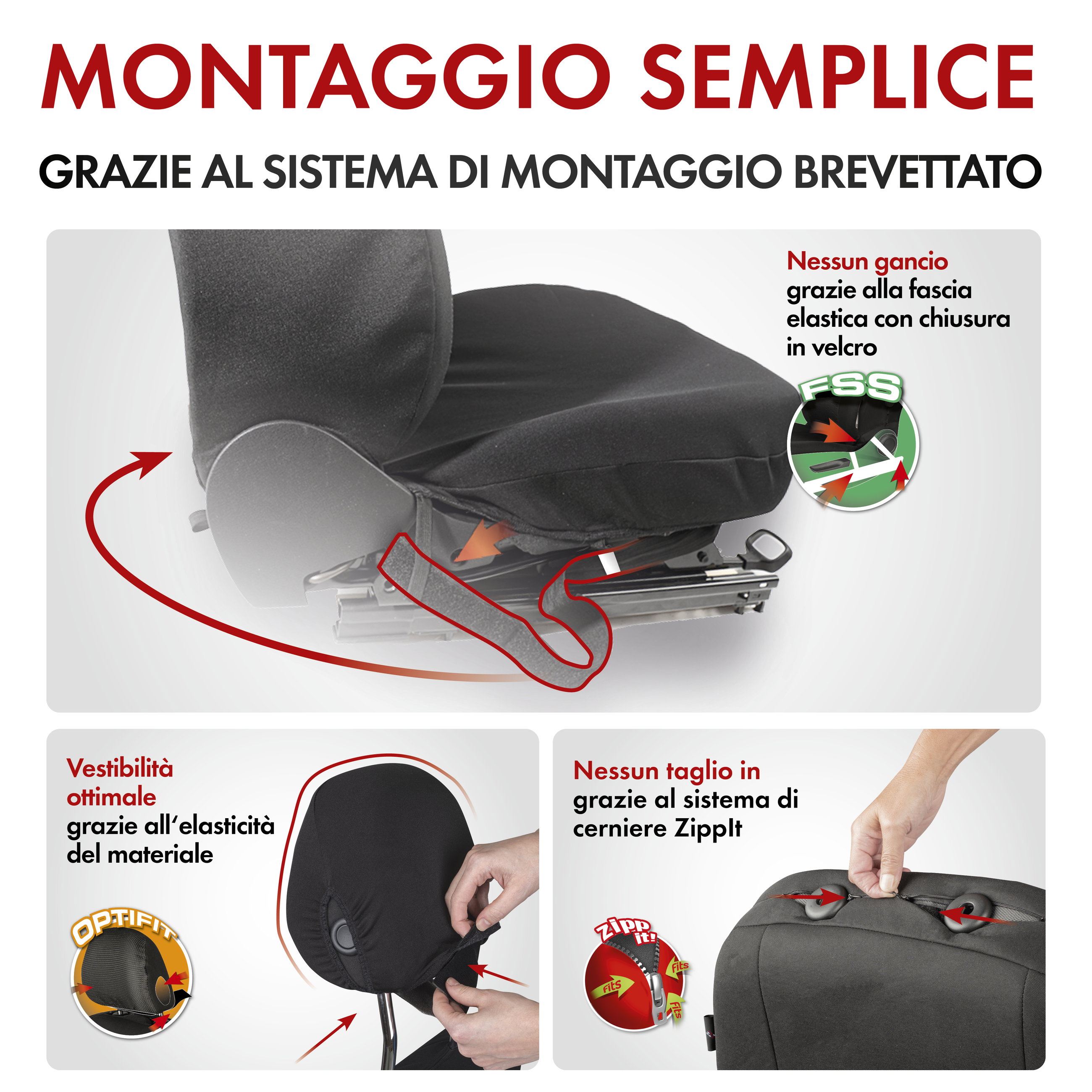 ZIPP IT Premium Coprisedili Logan per due sedili anteriori con sistema di chiusura lampo nero/grigio