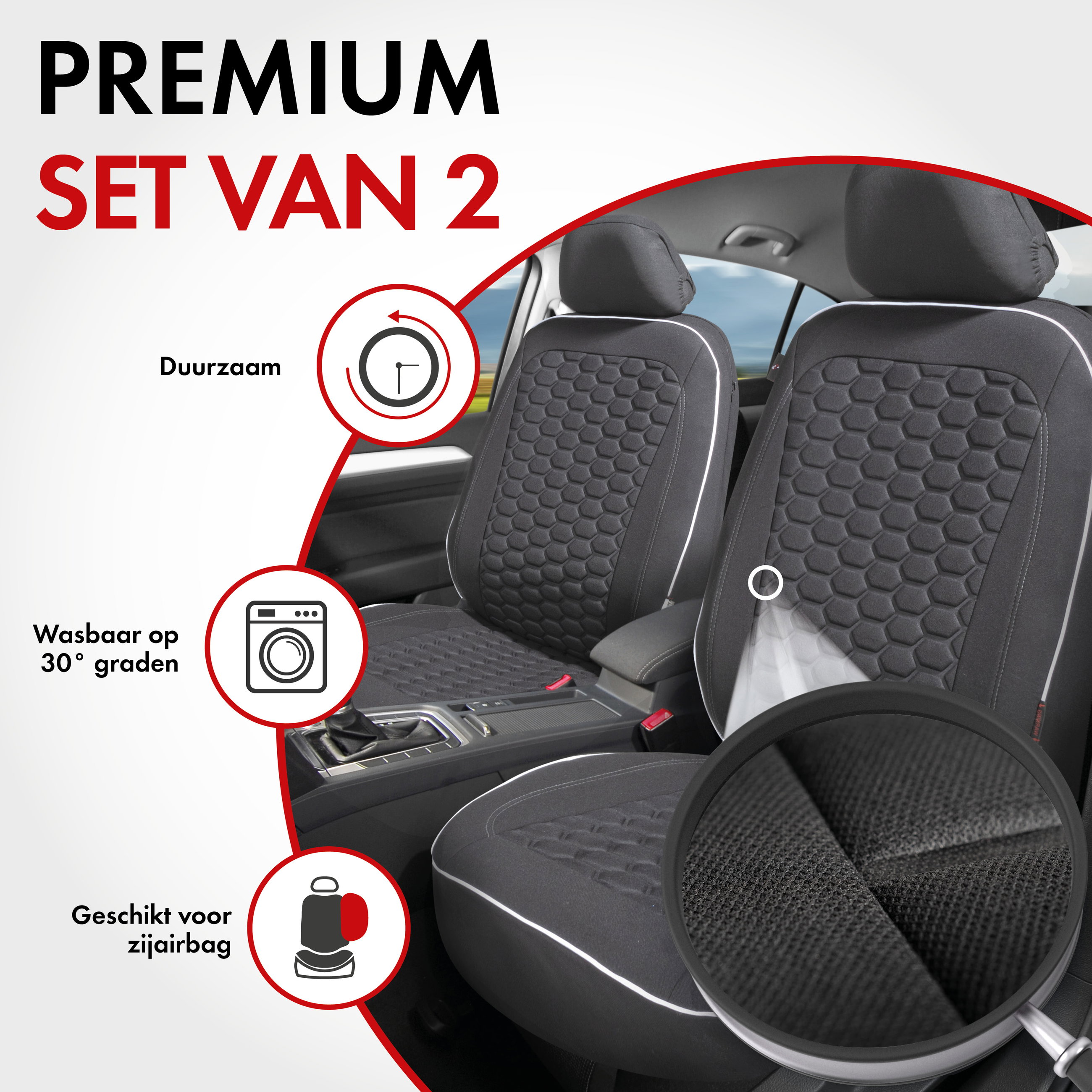 Premium autozetelhoezen Kendal met rits, ZIPP-IT zetelhoezen, 2 voorzetelhoezen zwart/wit 11863