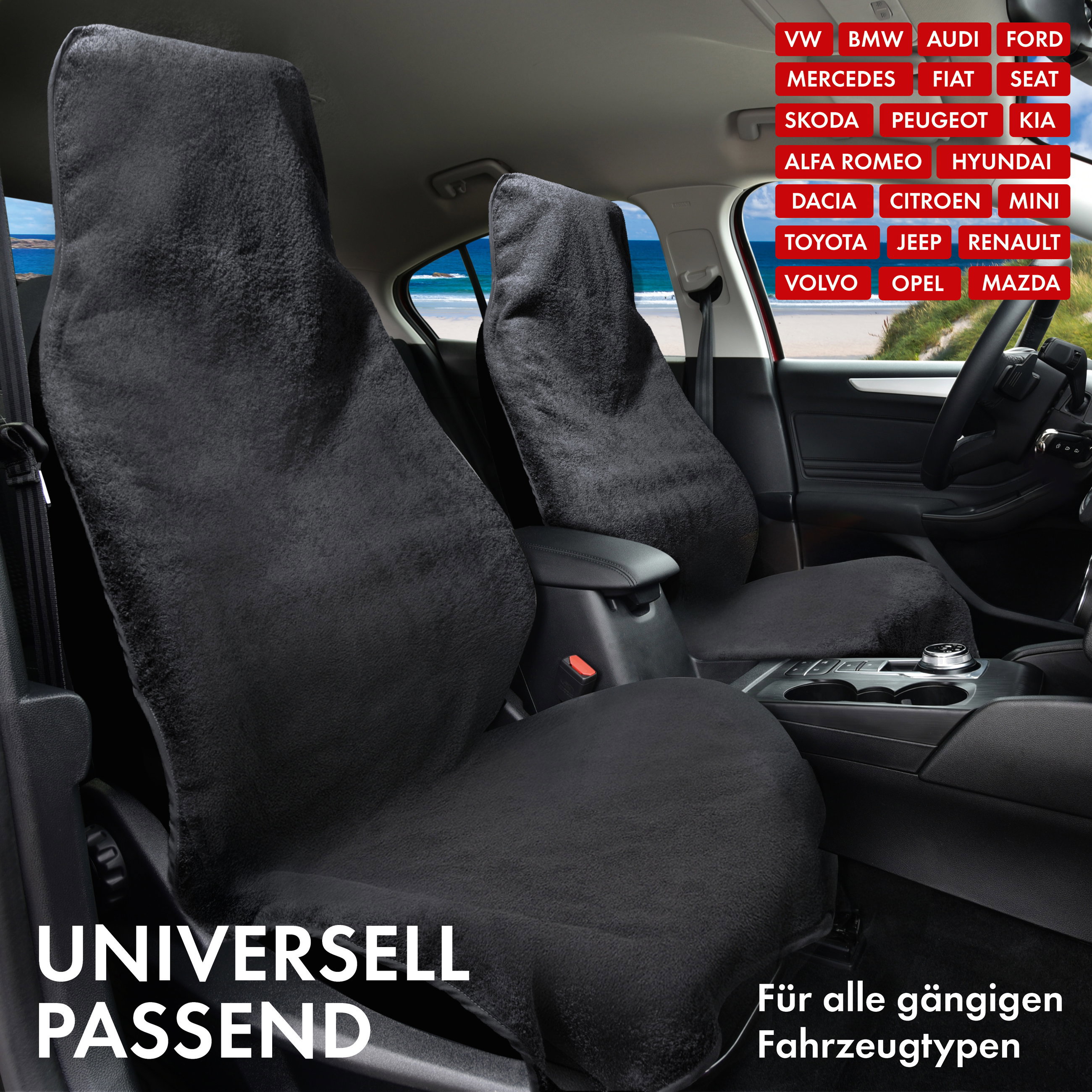 Auto Sitzauflage aus Frottee, PKW Sitzaufleger waschbar schwarz, 2 Stück