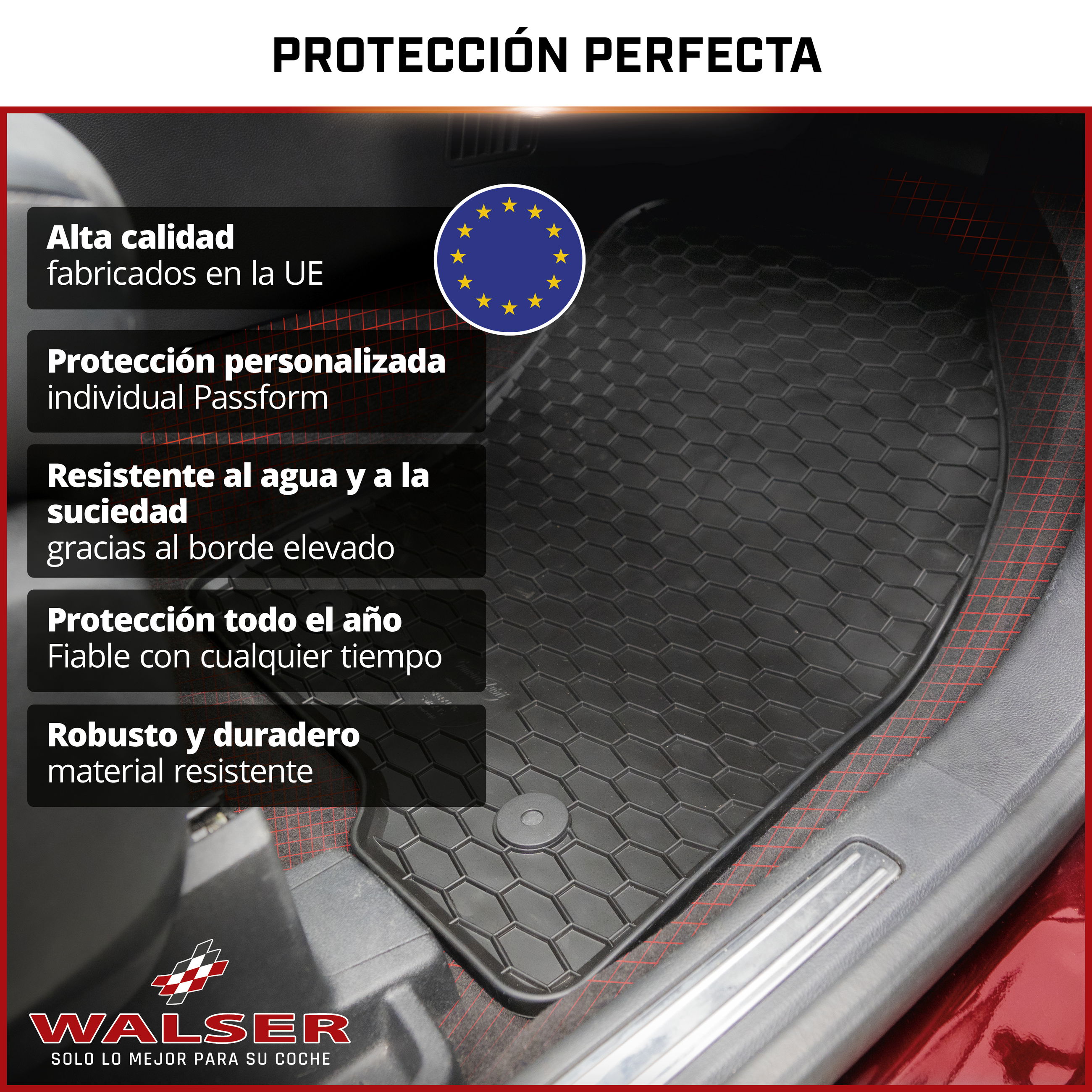 Werbung, Plakat, Auto Fußmatte, Rutschfest, Gummi, Allwetter, EU produziert, antislip mat, autofußmatte, Gummimatte, Sechseck Muster, EU-Qualität, fußmatte, autofußmatte, gummimatte, sechseckiges muster, rutschfest, autoreifen mat, autositze mat?, gummima