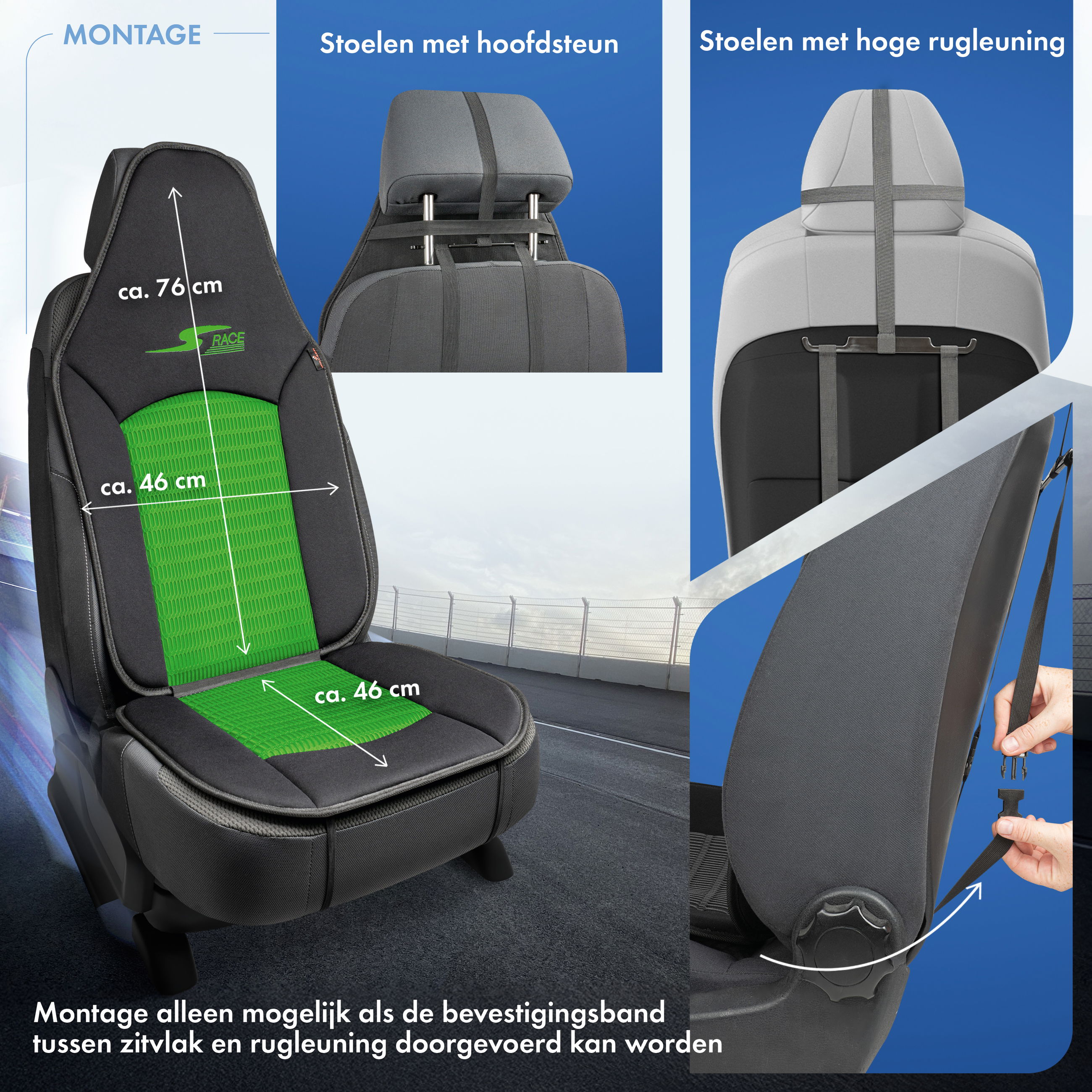 Autostoelhoes S-Race, autostoelhoes voor highback/pilootstoelen, autostoelbeschermer voorstoelen groen, 1 stuk