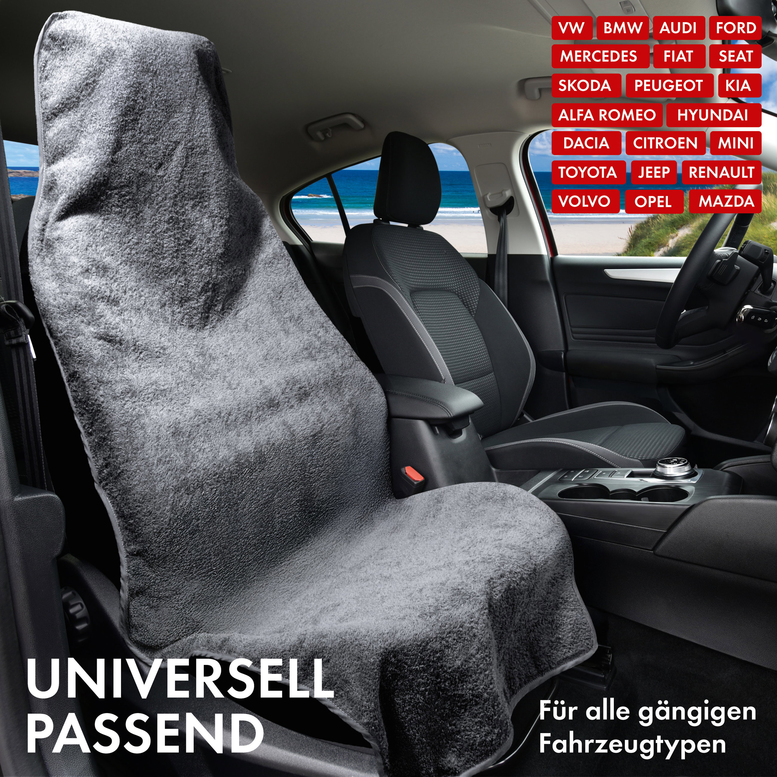 Auto Sitzauflage aus Frottee, PKW Sitzaufleger waschbar grau, 1 Stück