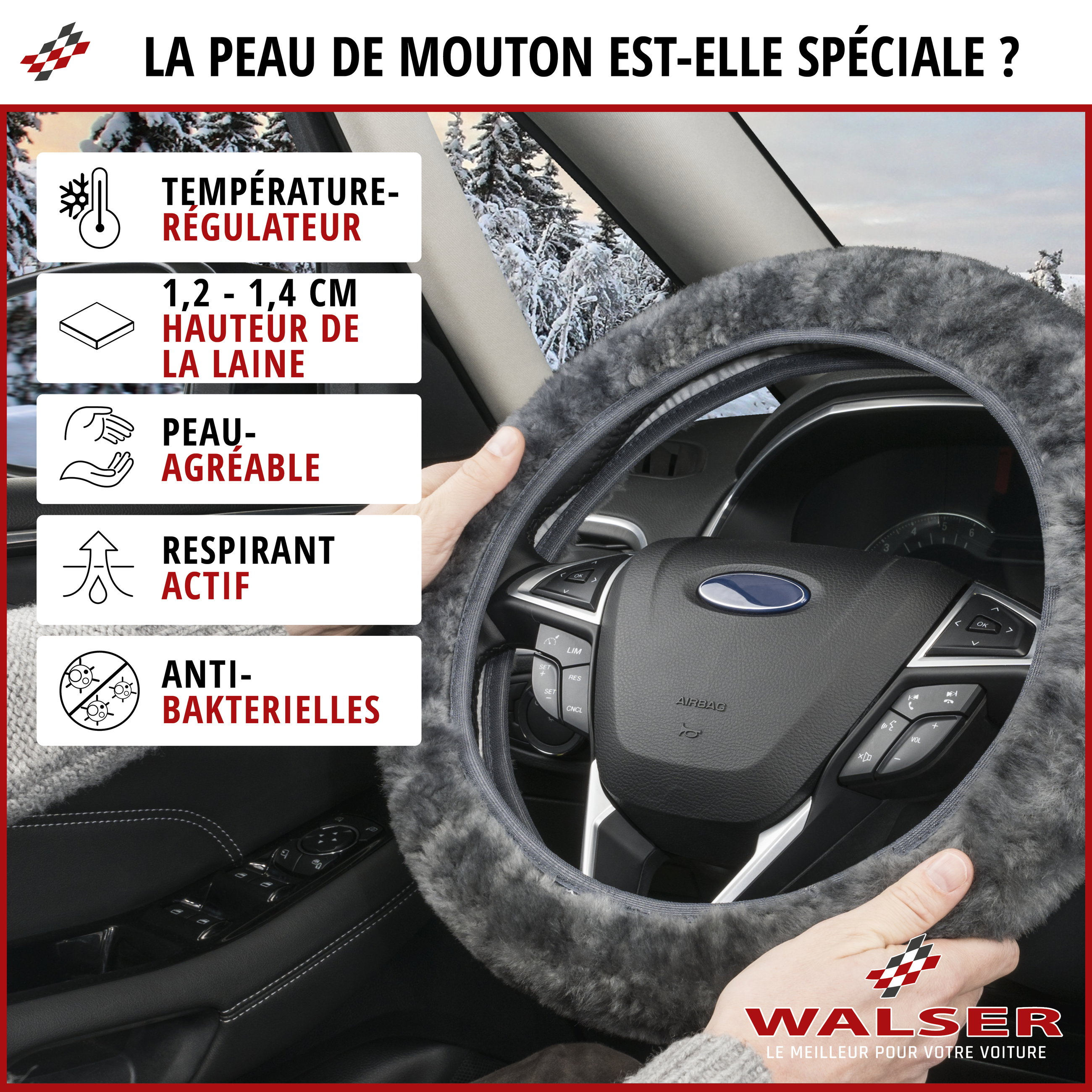 Revêtement de volant en peau d'agneau anthracite