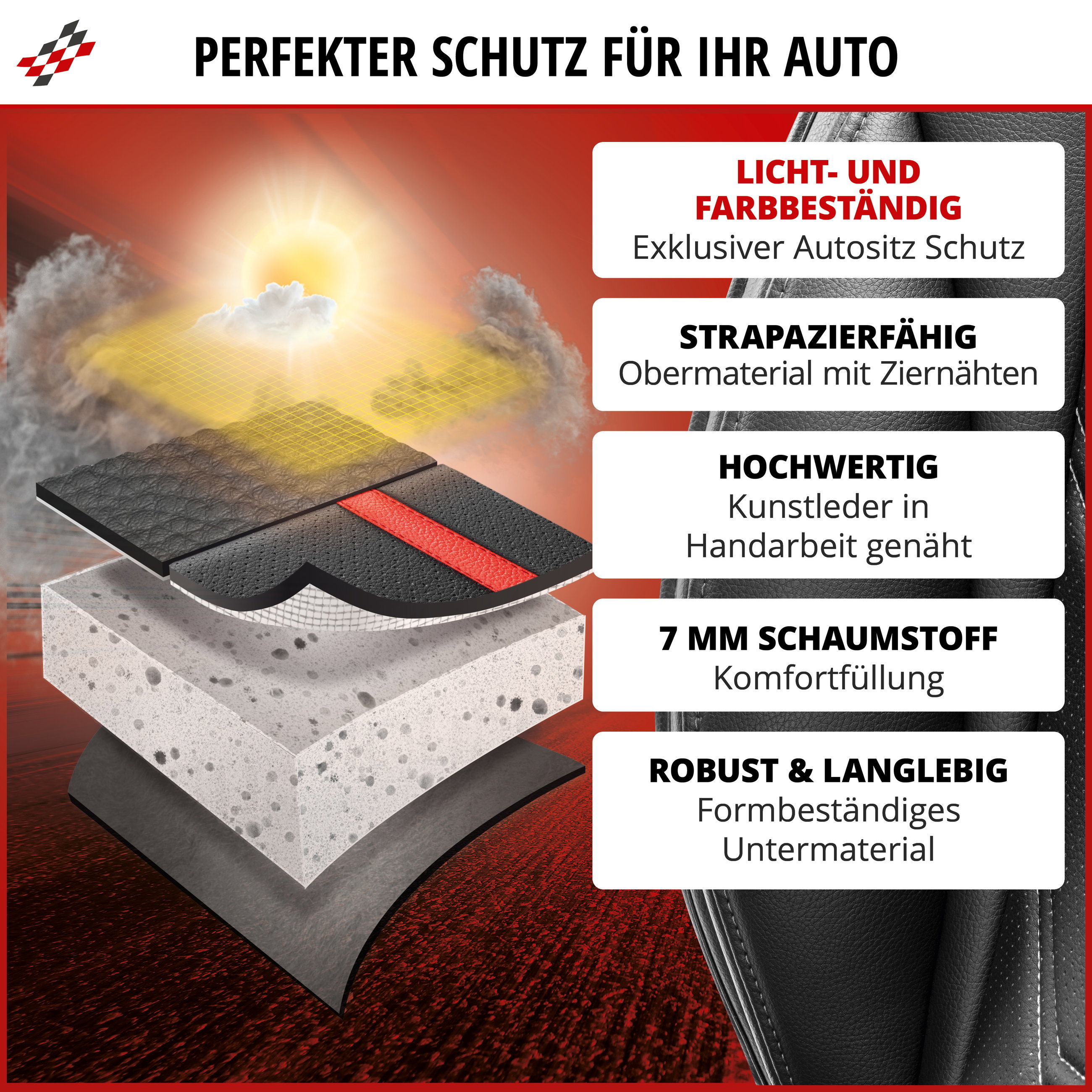 Autositzeinlage, Schaumstoffschichten, Obermaterial, Nähte, Kissen-/Sitzschutz, Autositze Schutz, Obermaterial, 7 mm Schaumstoff, Kunstleder, Unterlage/Schicht