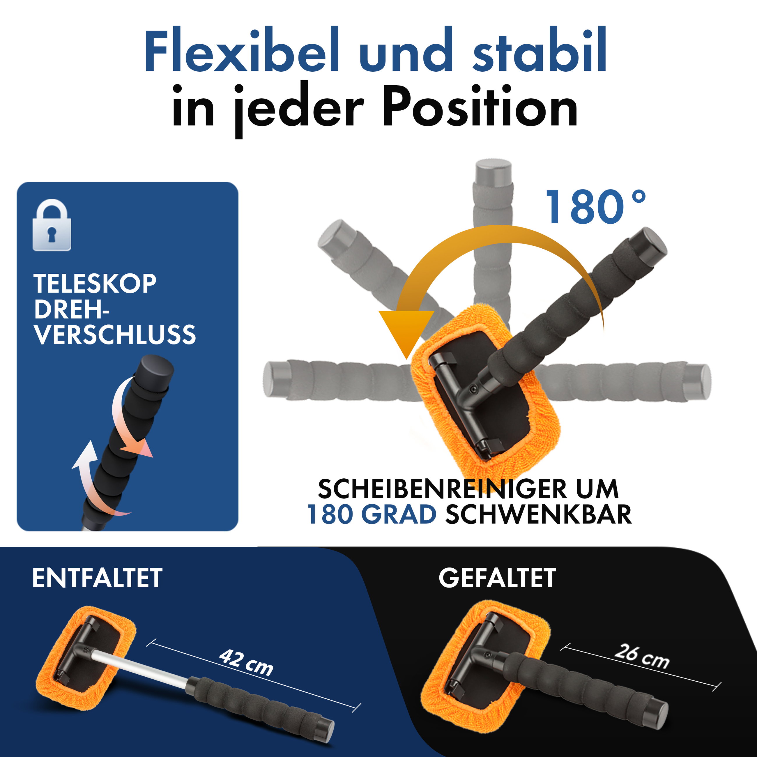 Scheibenreiniger inkl. Sprühflasche, Autoscheibenreiniger teleskopierbar 26 - 42 cm orange